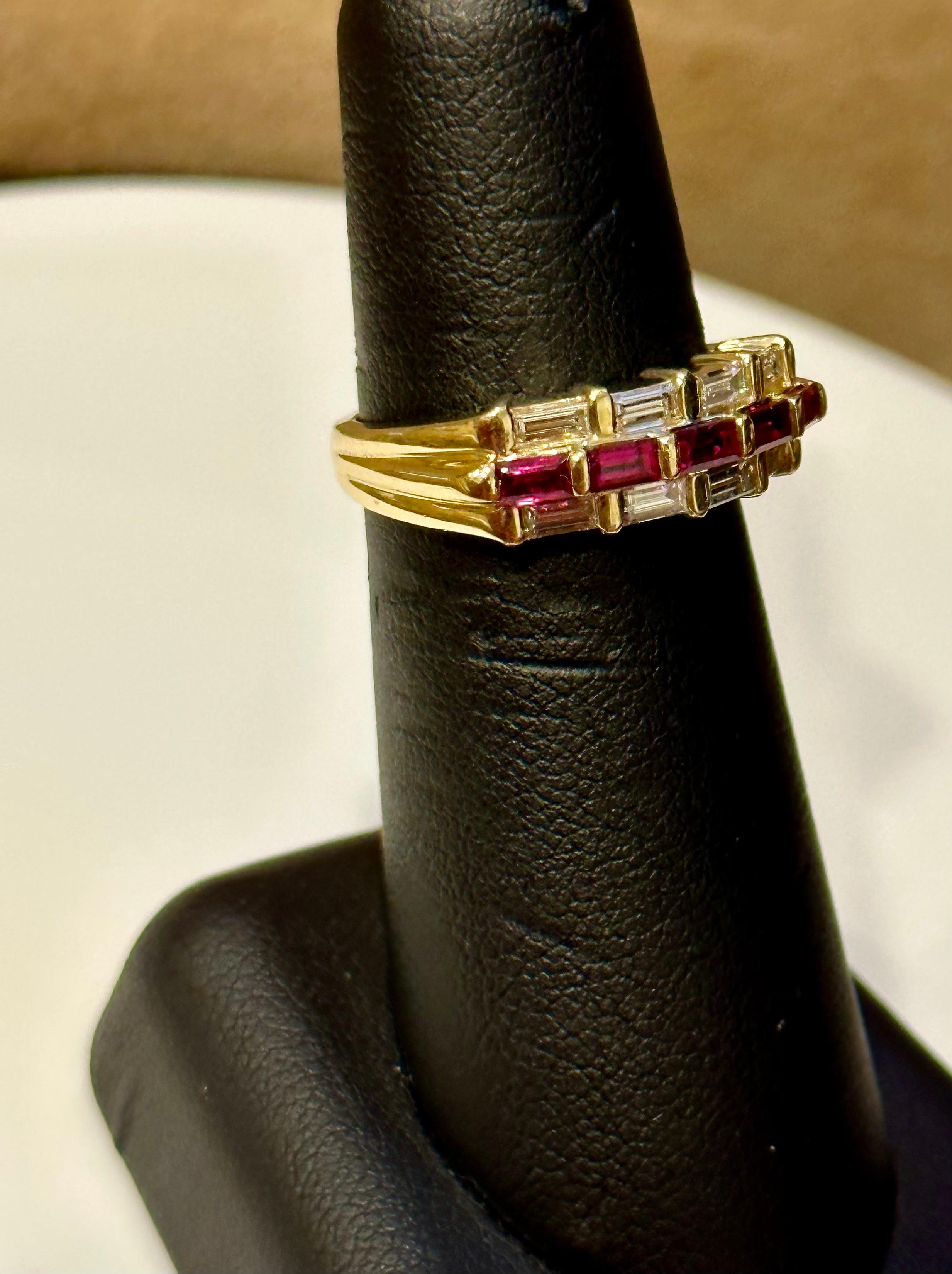 Baguettes Diamonds & Princess Cut  Natural Burma Ruby Ring 14 Karat Yellow Gold  For Sale 12