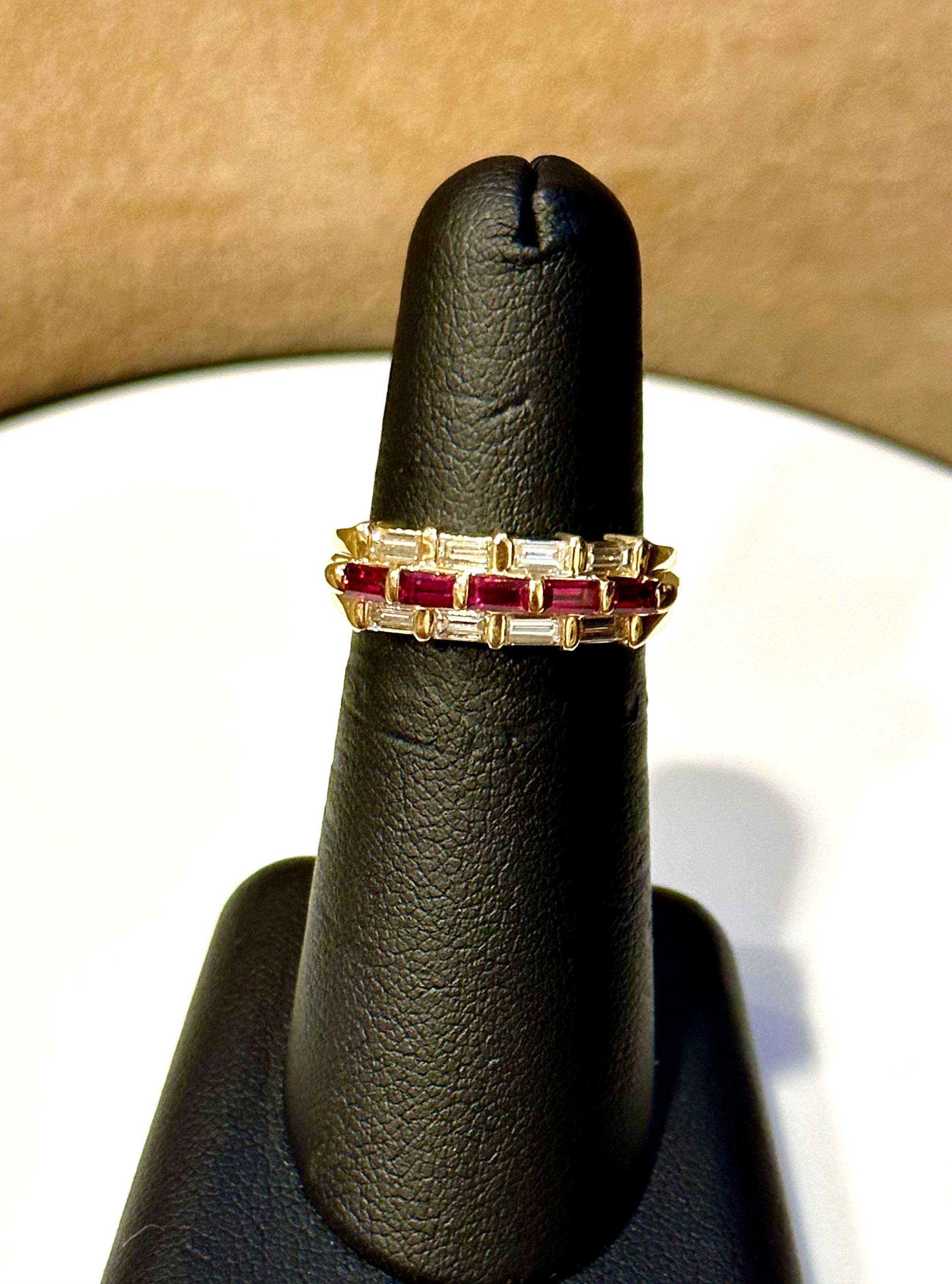 Baguettes Diamonds & Princess Cut  Natural Burma Ruby Ring 14 Karat Yellow Gold  For Sale 13