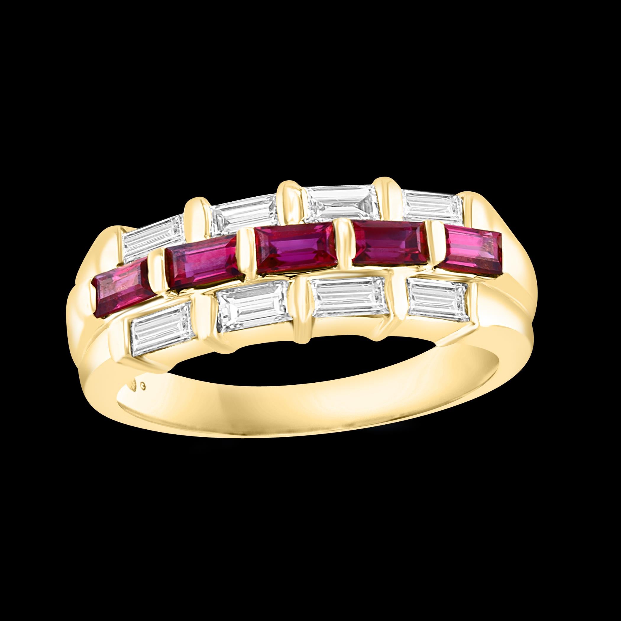 Baguettes Diamonds & Princess Cut  Natural Burma Ruby Ring 14 Karat Yellow Gold  For Sale 14