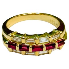 Baguettes Diamonds & Princess Cut  Natural Burma Ruby Ring 14 Karat Yellow Gold