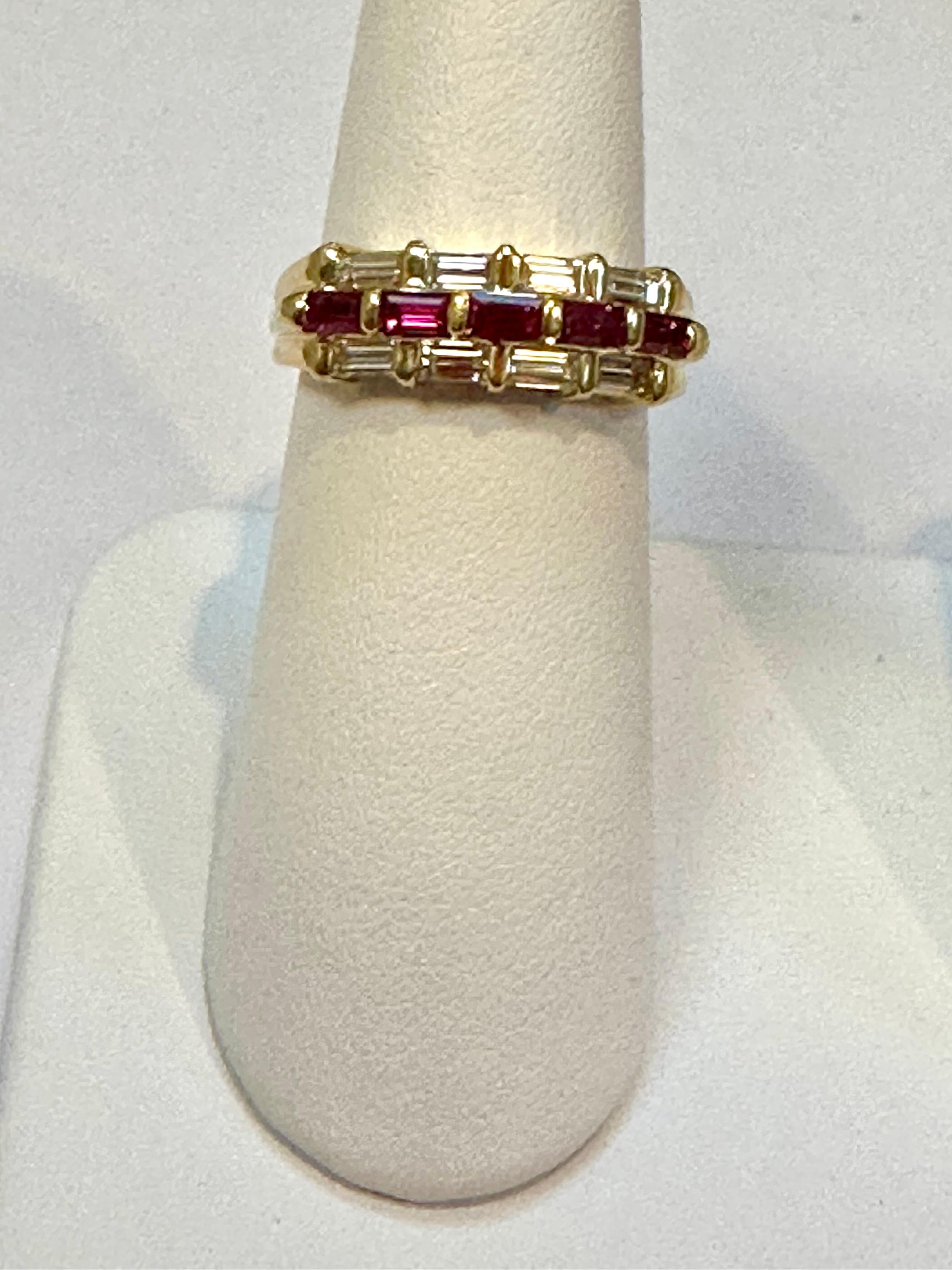 Baguettes Diamonds & Princess Cut  Natural Burma Ruby Ring 14 Karat Yellow Gold  For Sale 3