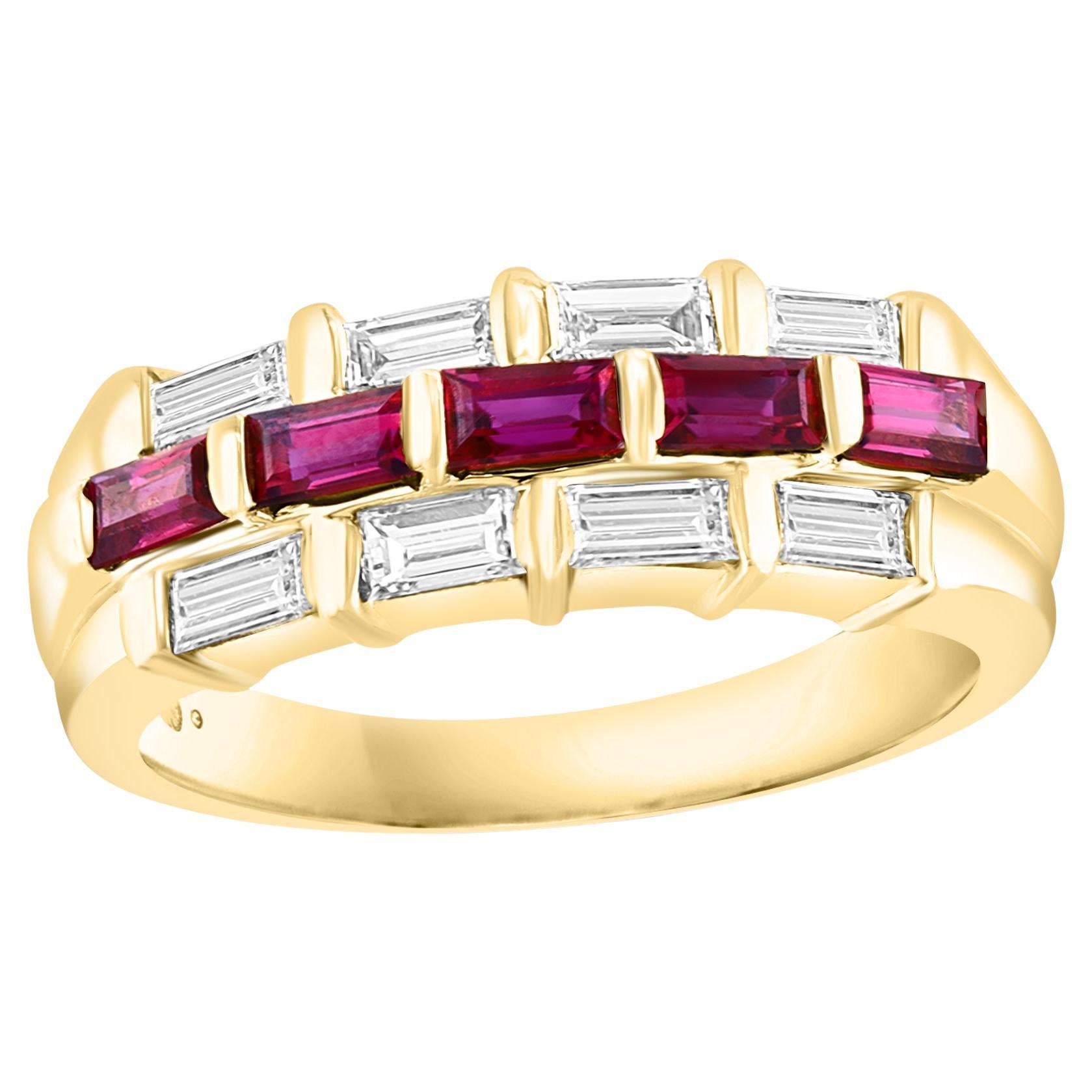 Baguettes Diamonds & Princess Cut  Natural Burma Ruby Ring 14 Karat Yellow Gold 