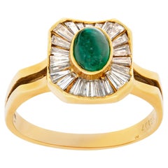 Vintage Baguettes Ring, Set in 18k Yellow Gold, "Ballerina" Cabochon Emerald & Diamond