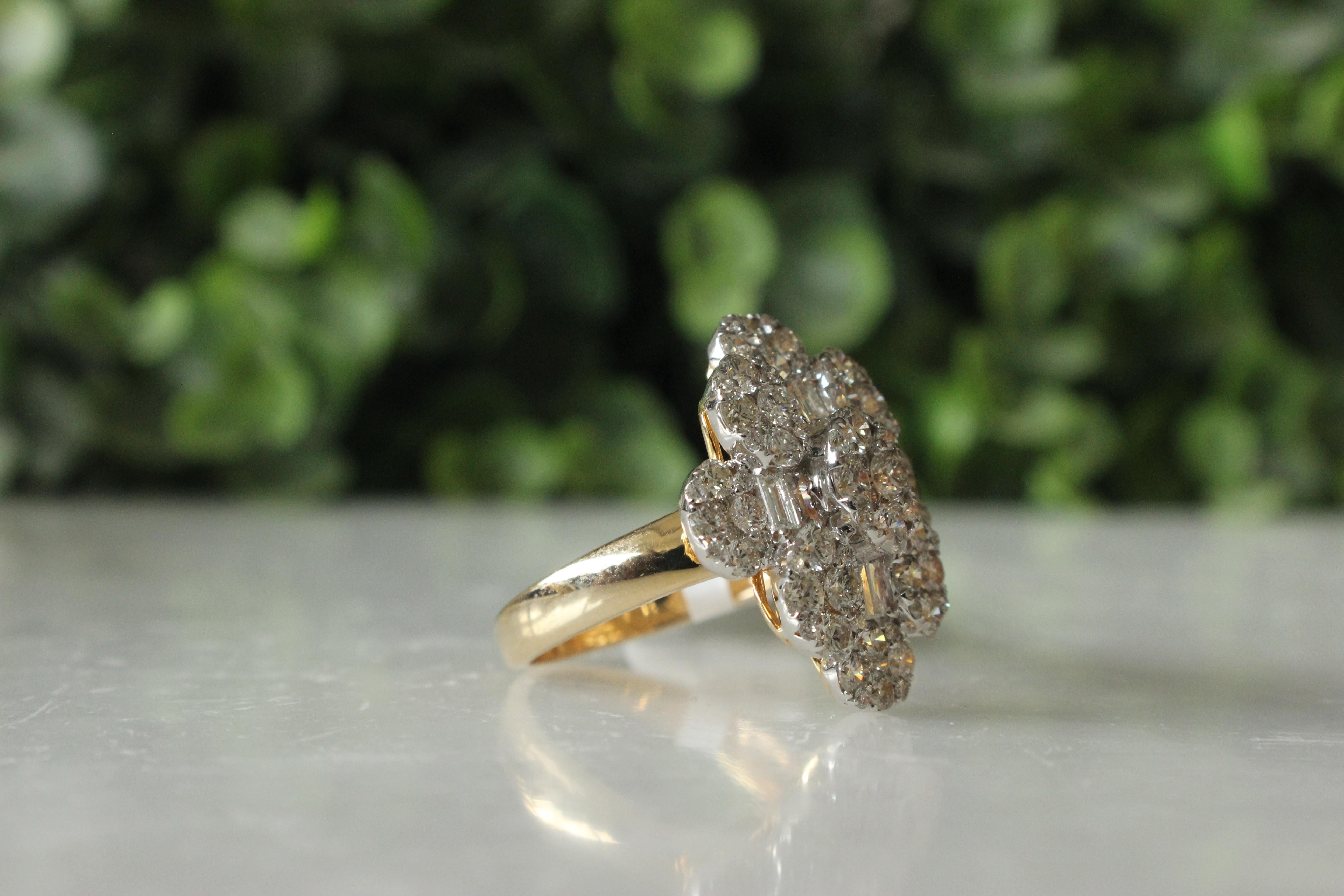 For Sale:  Baguettes & Round Diamond Cluster Ring Set In 18K Solid Gold 9