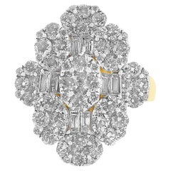 Baguettes & Round Diamond Cluster Ring Set In 18K Solid Gold