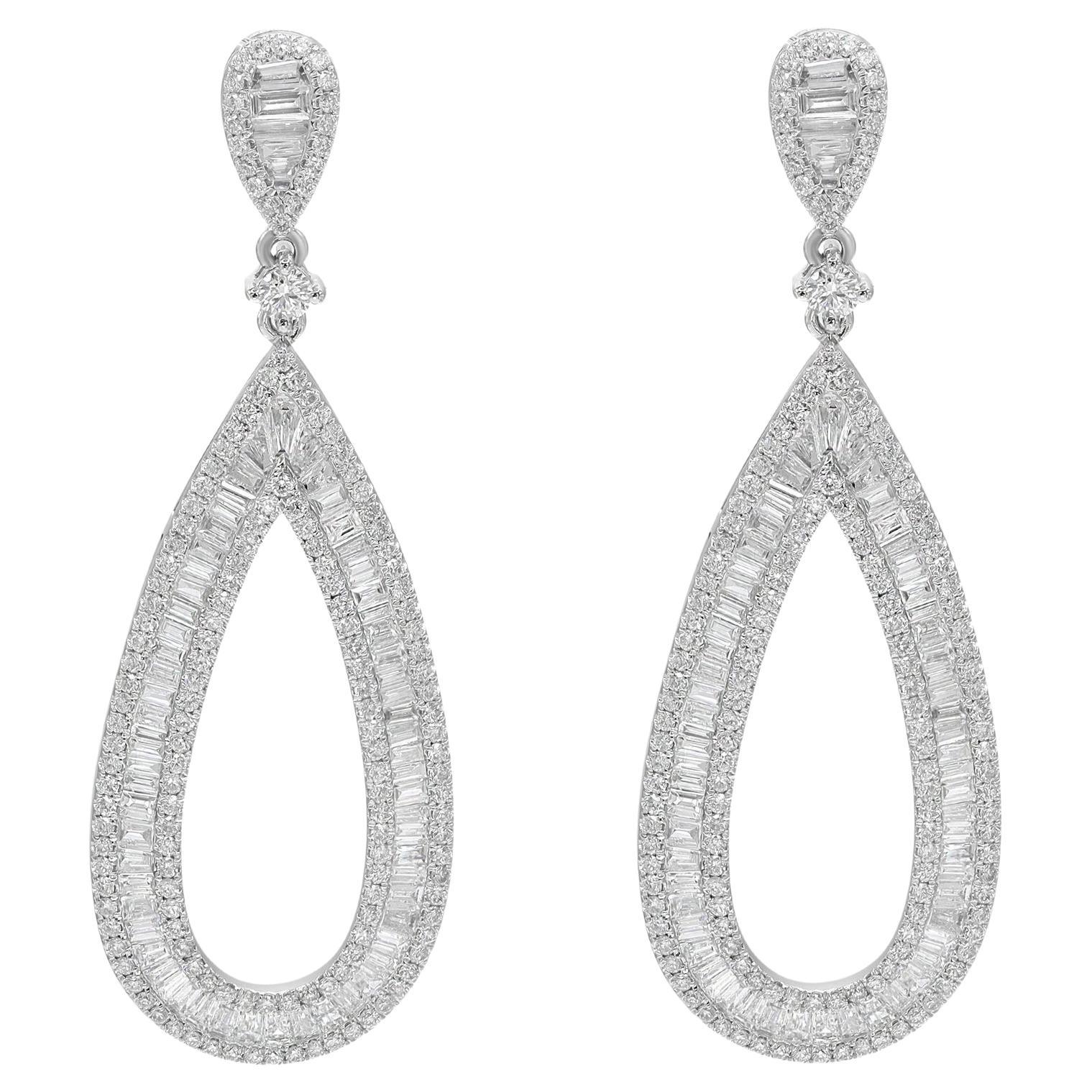 Bagutte & Round Cut Diamond Drop Statement Earrings 18K White Gold 3.31cttw
