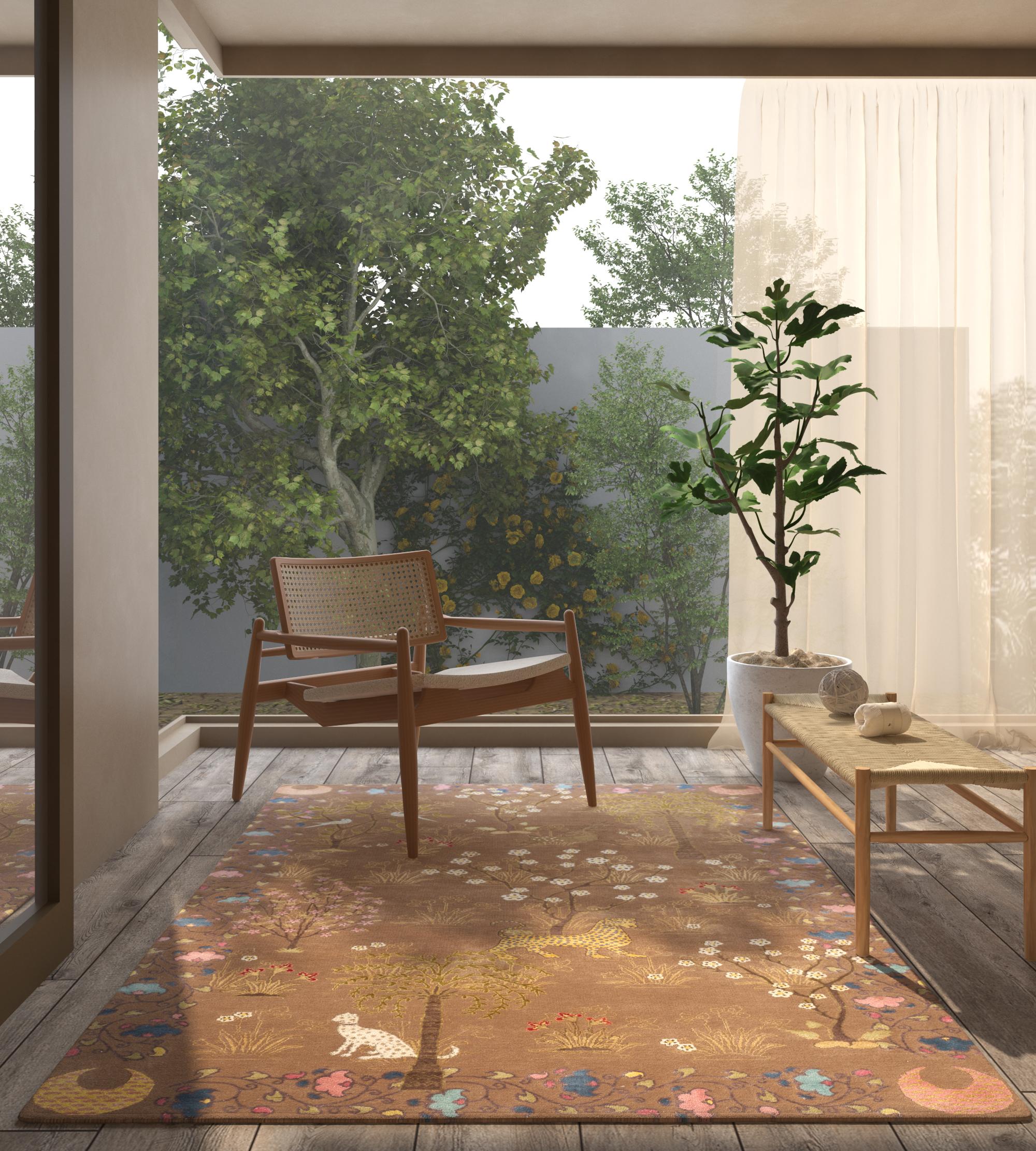 Aparta tu atención de la persecución y abraza la pura alegría de la naturaleza con Bahaar, una pieza destacada de la Colección Majnun diseñada por Pavitra Rajaram. Apartándose del motivo convencional de la alfombra Shikargah, que suele representar a