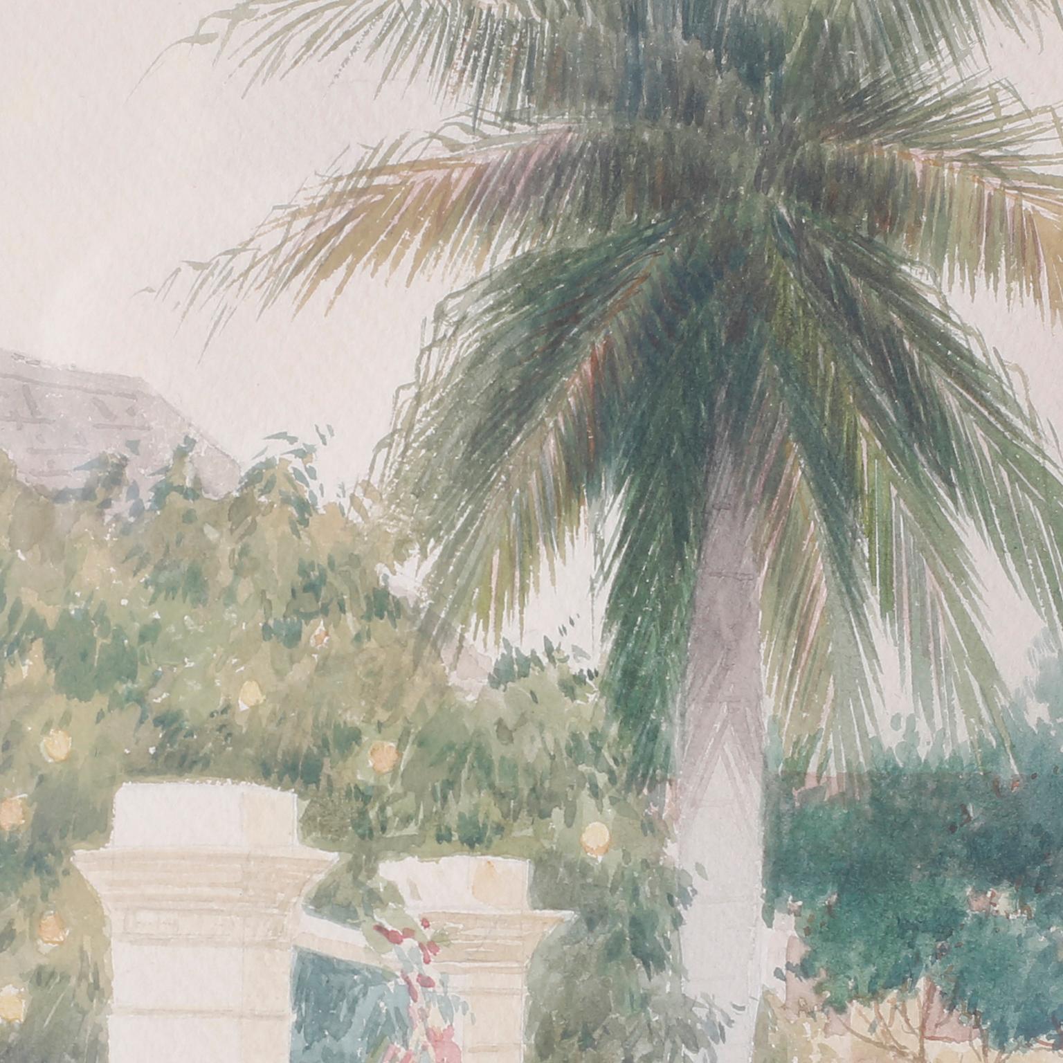 Aquarelle représentant une scène de rue des Bahamas, probablement à Nassau. Complet avec une femme portant un paquet, un homme dans un chariot, des palmiers, une maison, des portes et une ambiance chaleureuse et paisible. Signé Hartwell Leon