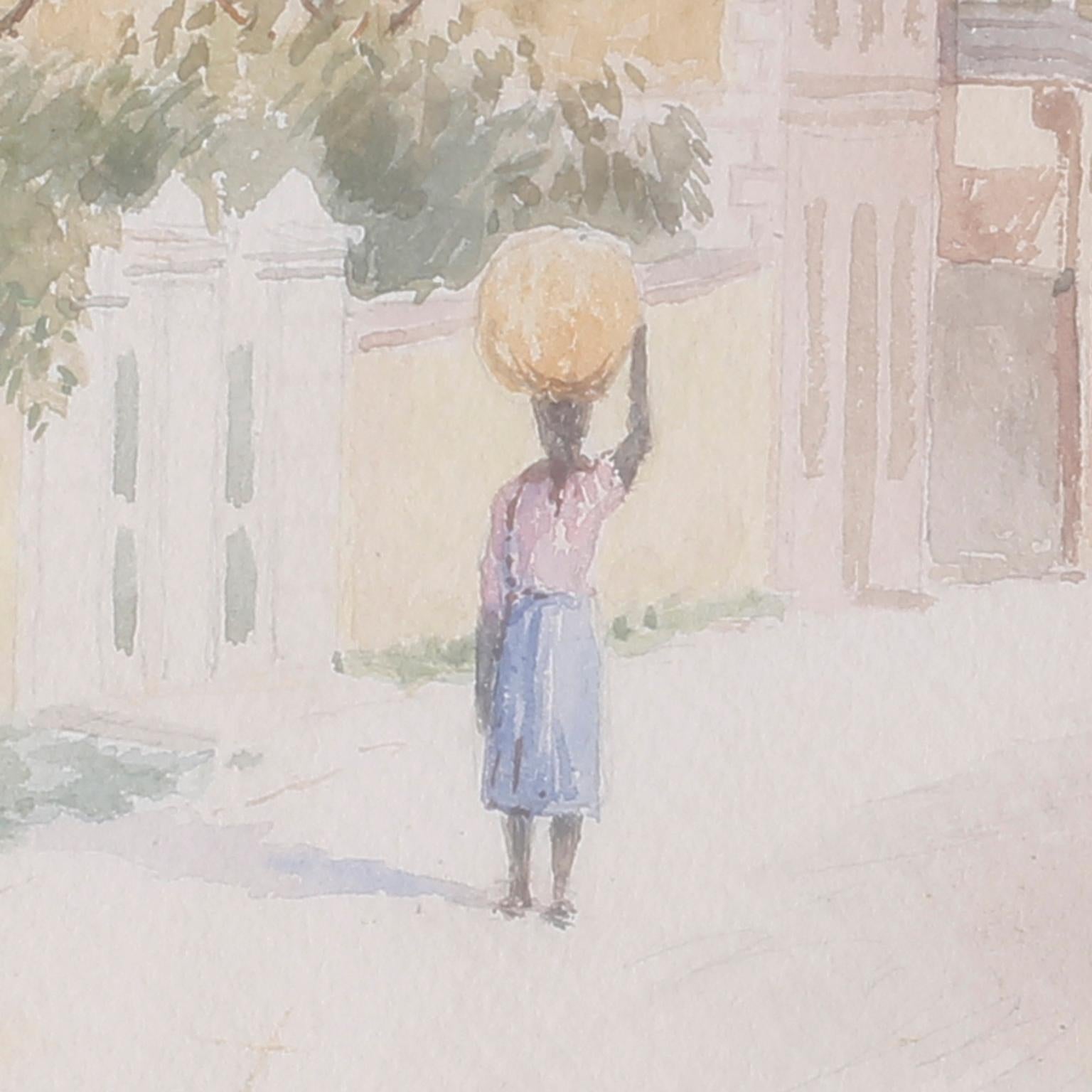 Nord-américain Aquarelle d'une scène de rue Bahamienne réalisée à l'aquarelle par Hartwell Leon Woodcock