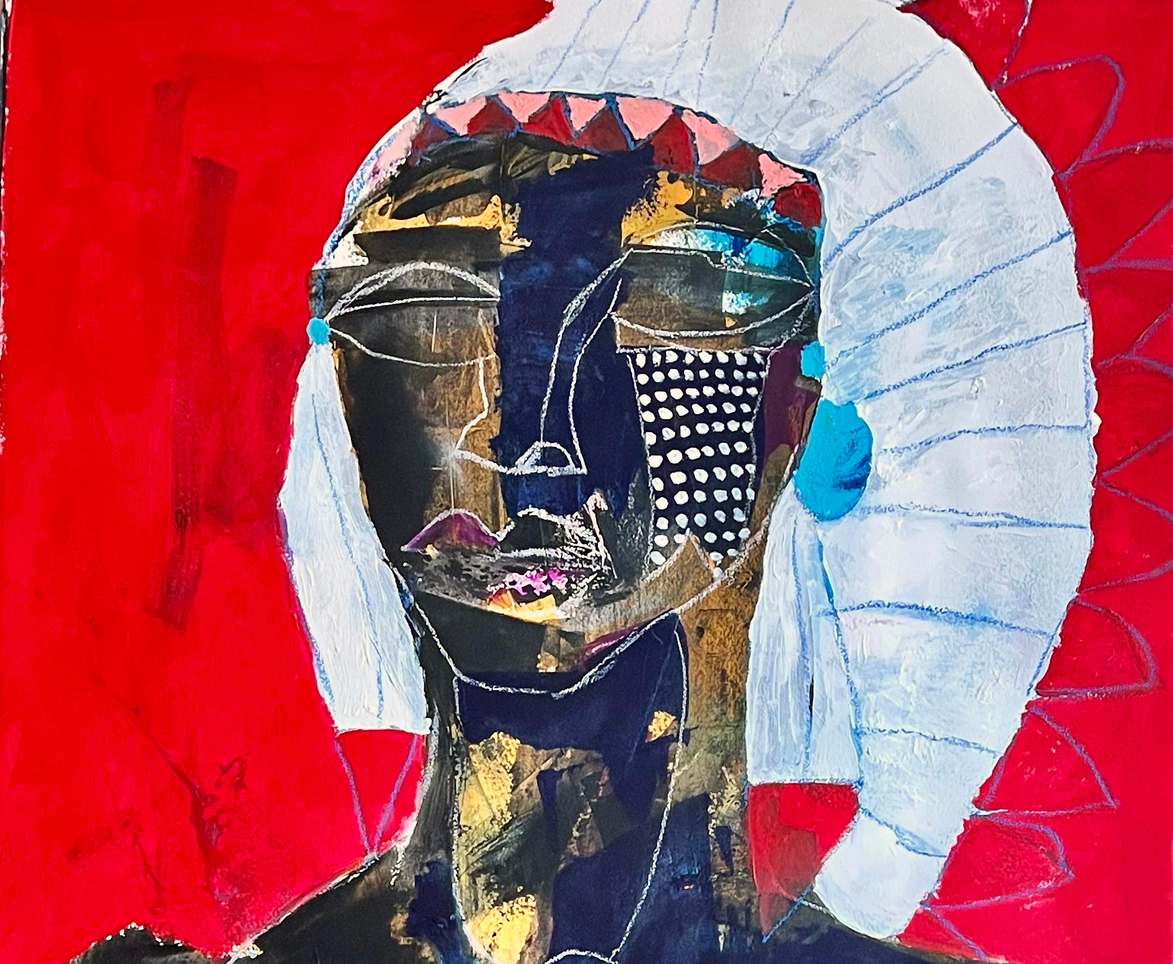Black Indian Chief by African-American Artist, Contemporary Painting on Paper - Red Portrait Painting by Bai (Carl Karni-Bain)