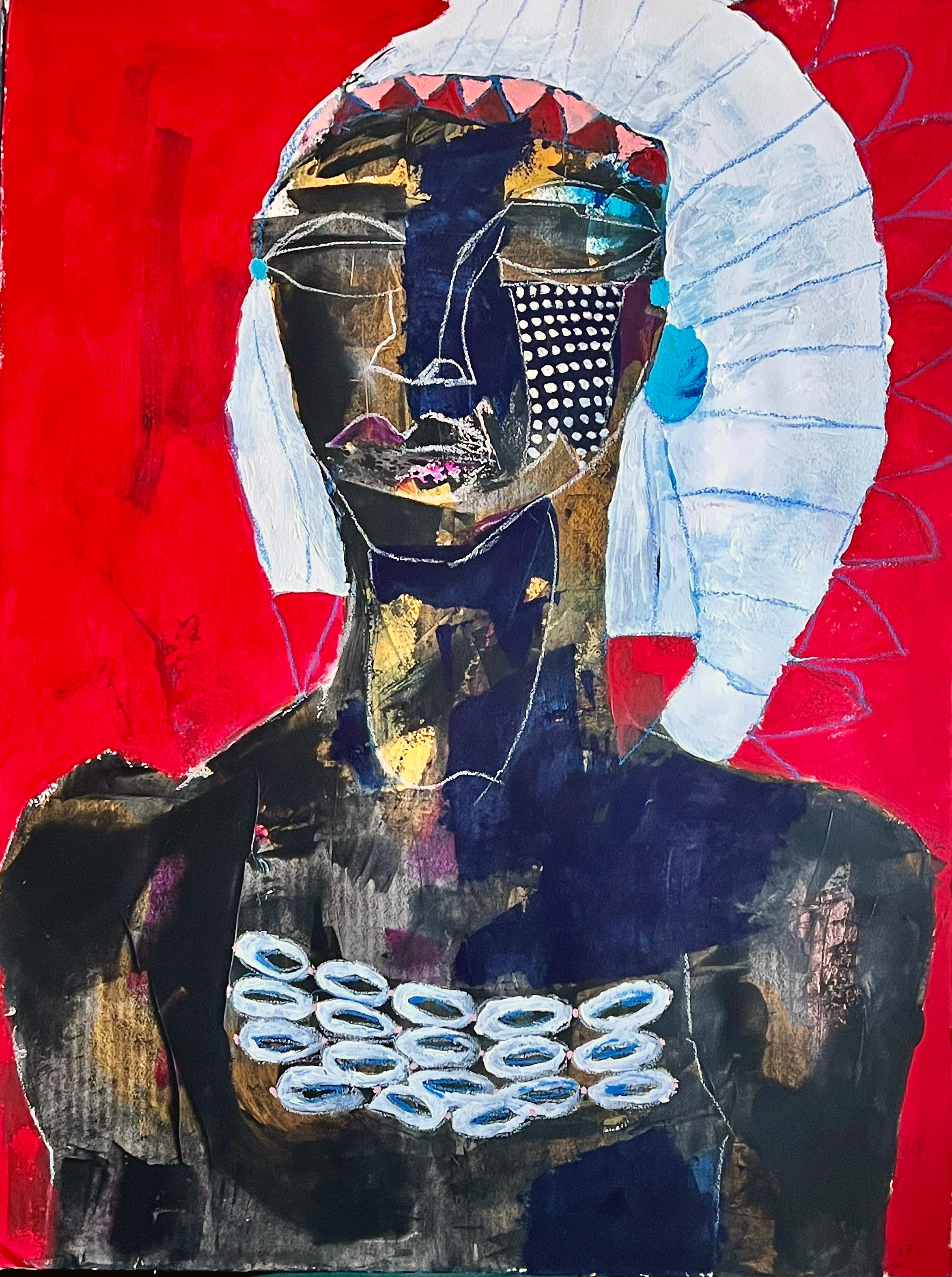 Bai (Carl Karni-Bain) Portrait Painting - The Black Indian Chief by African American Artist Bai, Contemporary Art on Paper