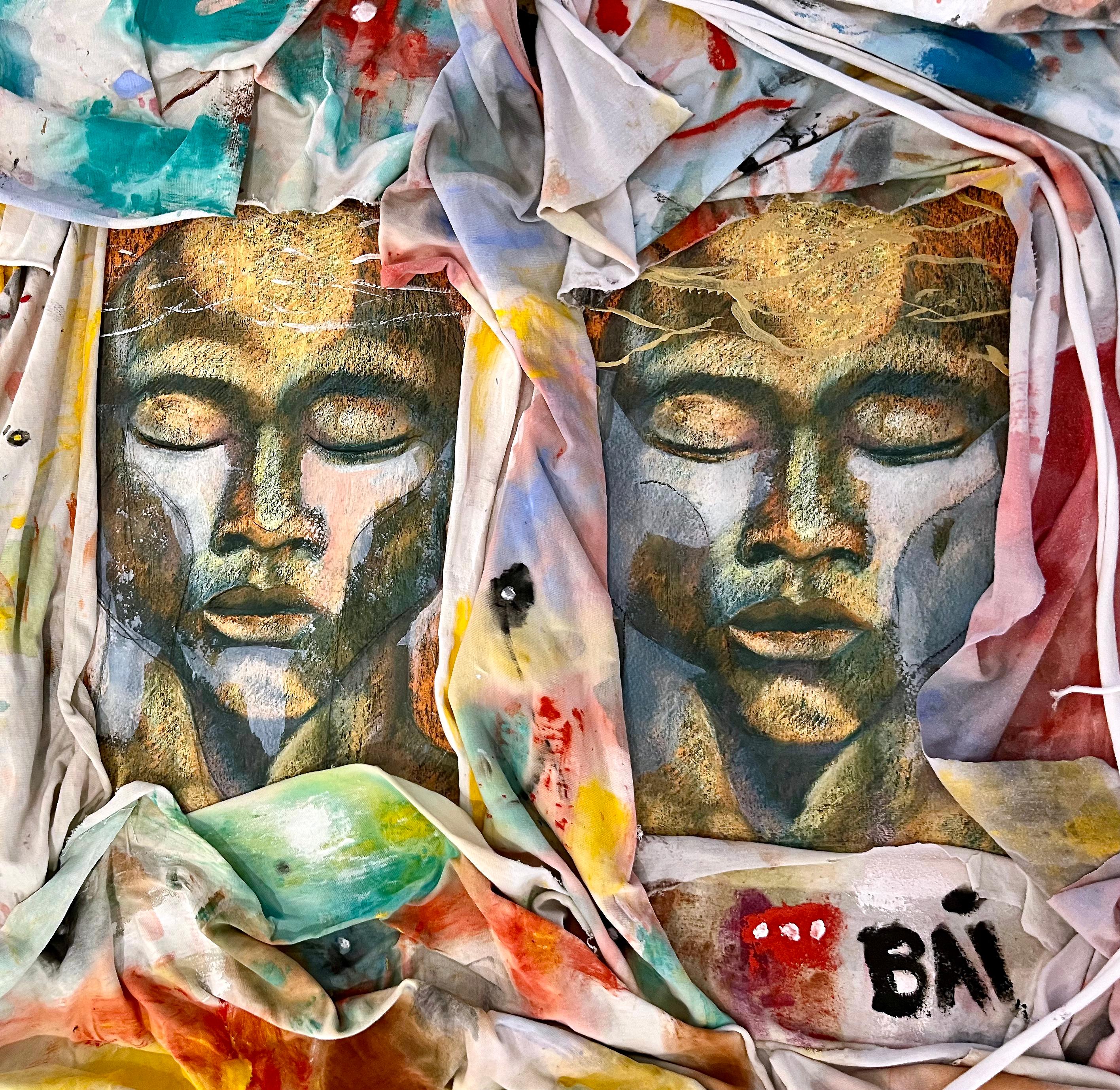 The Three Wisemen, 2022 by Carl Karni-Bain (Bai) is a contemporary mixed-media original fabric work. The piece 3 wisemen, portraits on watercolor paper, are embellished with pastel and charcoal, acrylic paint, and layers of painted fabric. The piece
