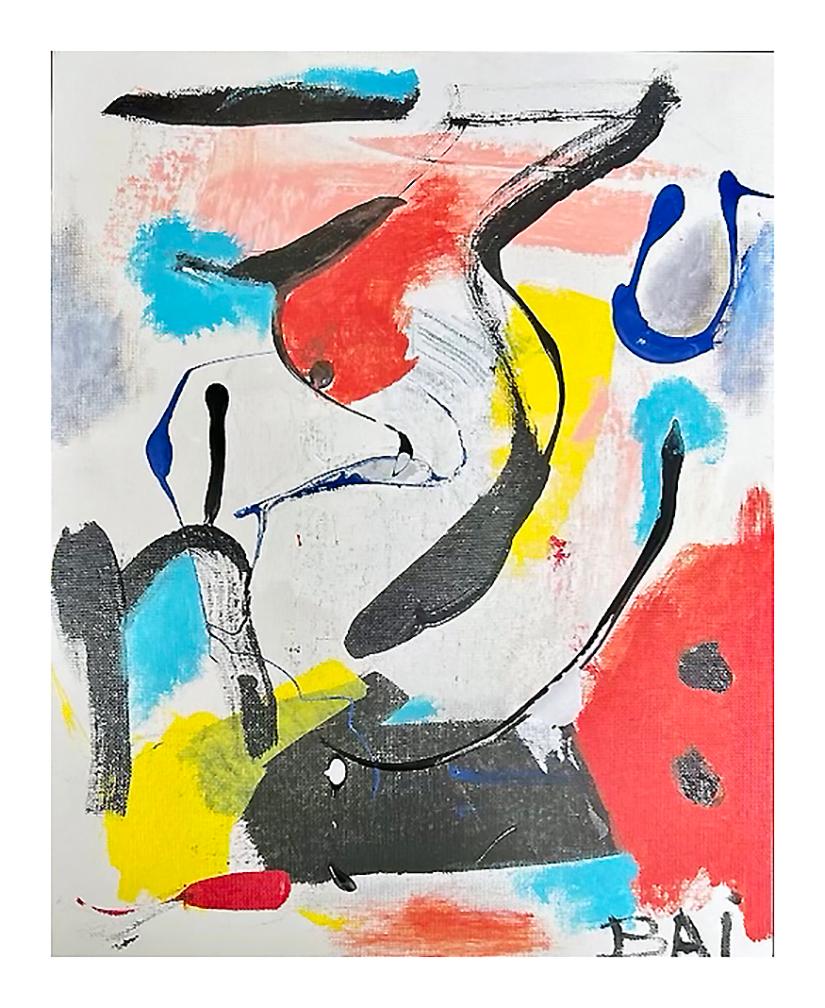 Abstract Painting Bai (Carl Karni-Bain) - Les choses que l'on trouve dans le village avec le poisson-globe rouge, l'artiste afro-américain Bai