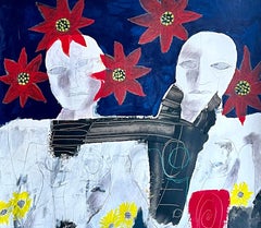 Two Men and a Horse, Acrylic and Oil Pastel Painting on Paper, Signed by Bai