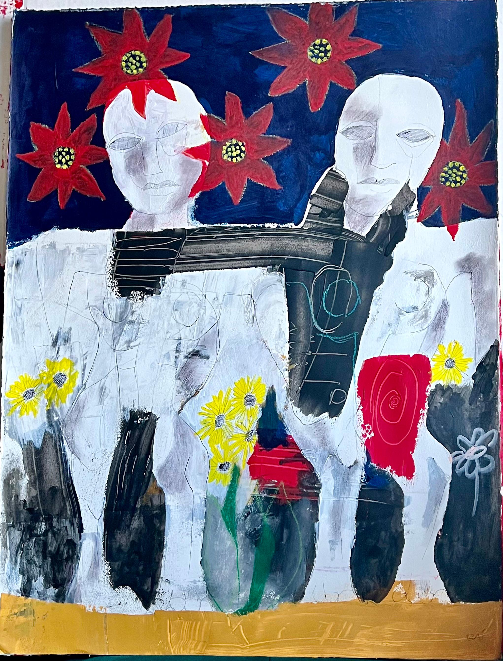 Deux hommes et un cheval par l'artiste afro-américain Bai, art contemporain sur papier