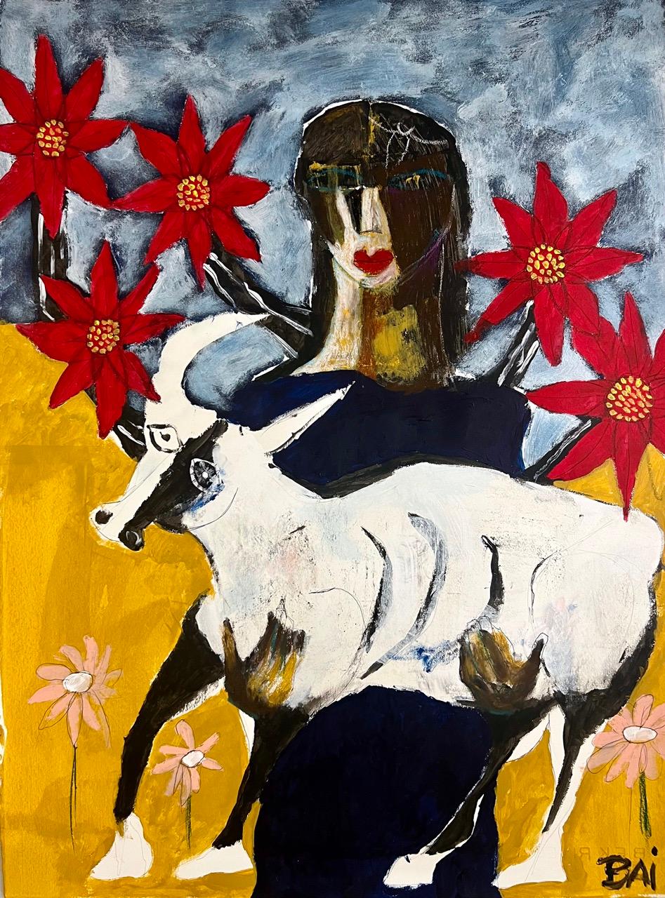Woman with a Bull by African Ameriican Artist Bai, Contemporary Art on Paper - Painting by Bai (Carl Karni-Bain)