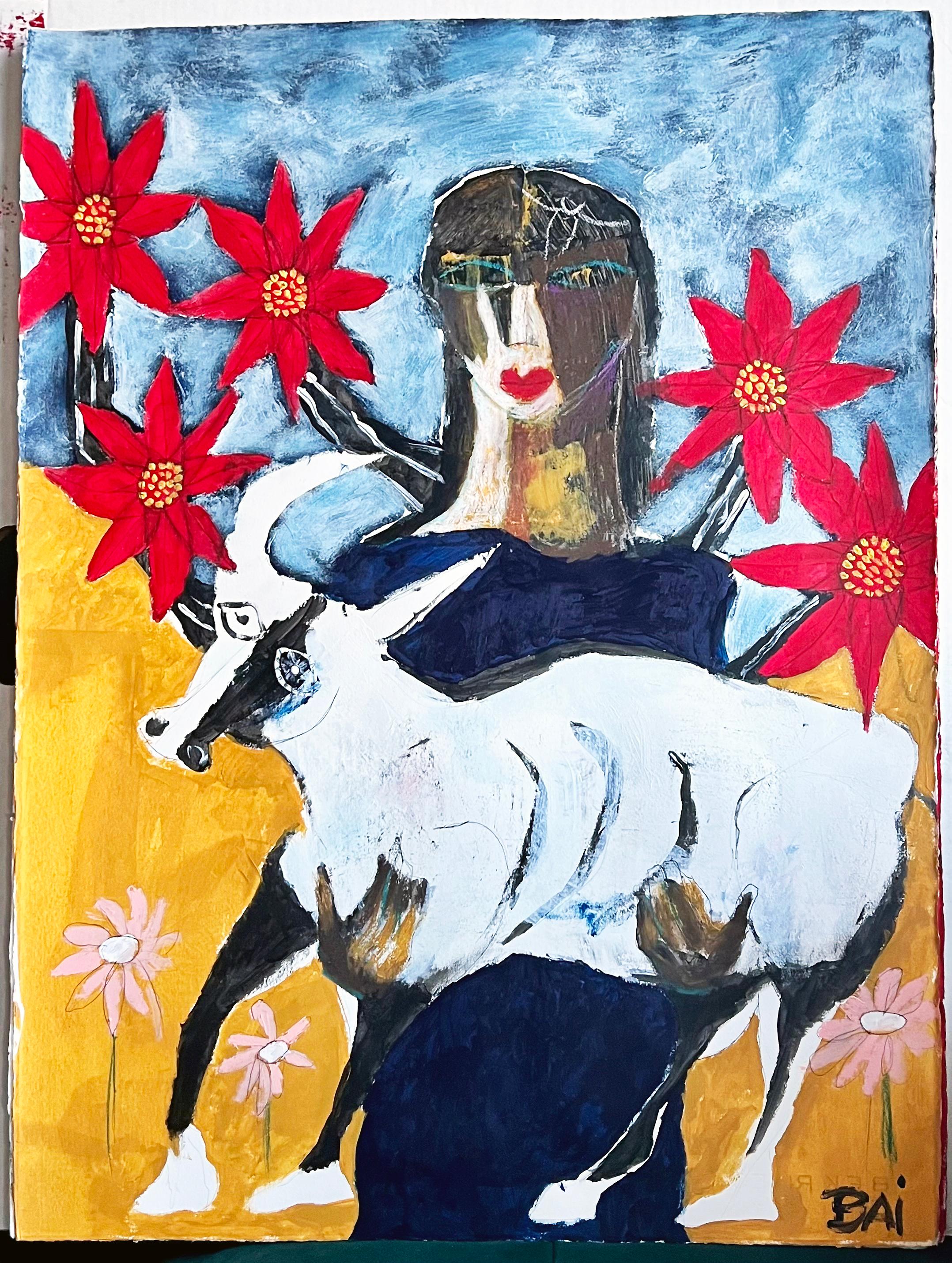 Woman with a Bull, 2023 by contemporary African American artist Bai (Carl Karni-Bain), is a 30 x 22in acrylic, oil pastel, and ballpoint pen figurative painting on etching paper.  The original work on paper (1/1) is signed by the artist on recto