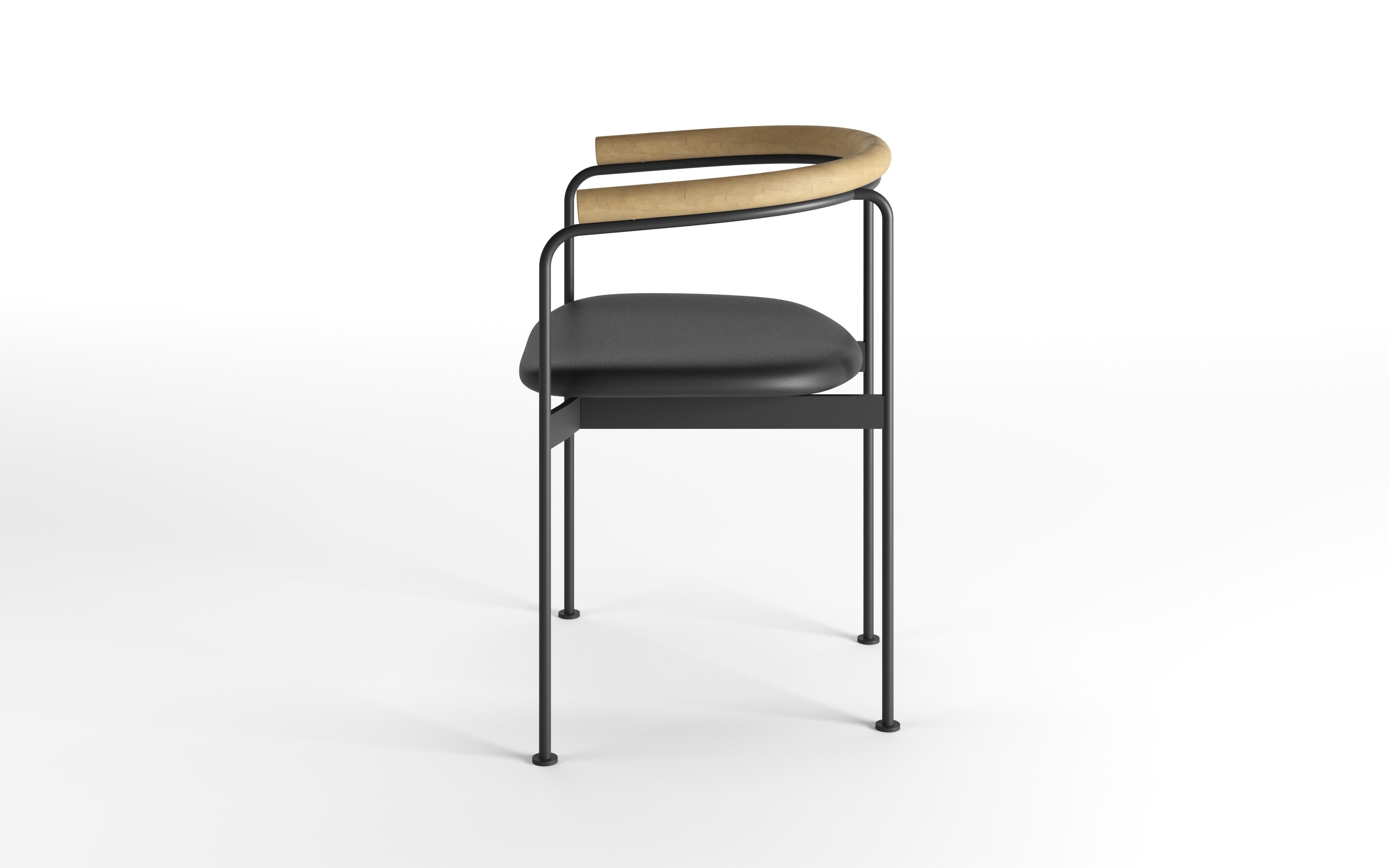 BAIA chair
Steel, leather and oak
Dimensions: H 70 x 55 x 48 cm 

Frame: 
– Red
– Green
– Black

Wood:
– Oak
– Smoked oak
– Black lacquered oak
– Walnut

Fabrics:
– Remix
– Savanne leather
– Hallingdal 
– SteelCiutTrio