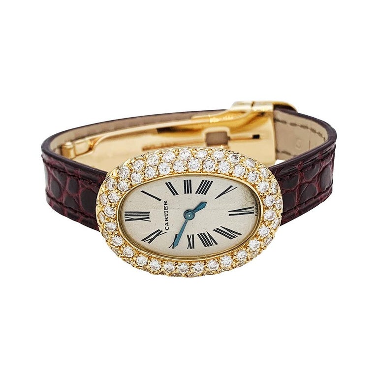 Baignoire Cartier Watch Set with Diamonds on a Leather Strap For Sale at  1stDibs