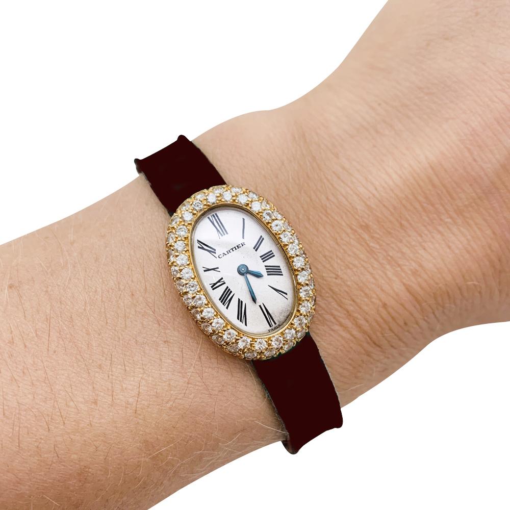 Contemporary Baignoire Cartier Watch Set with Diamonds on a Leather Strap For Sale