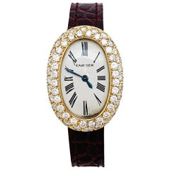 Retro Baignoire Cartier Watch Set with Diamonds on a Leather Strap