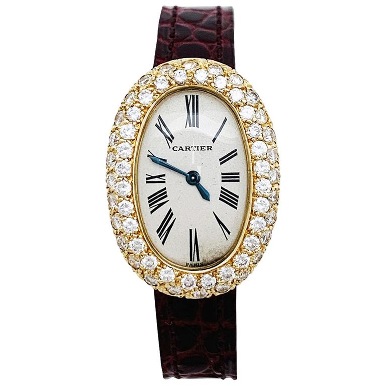 Baignoire Cartier Watch Set with Diamonds on a Leather Strap For Sale at  1stDibs