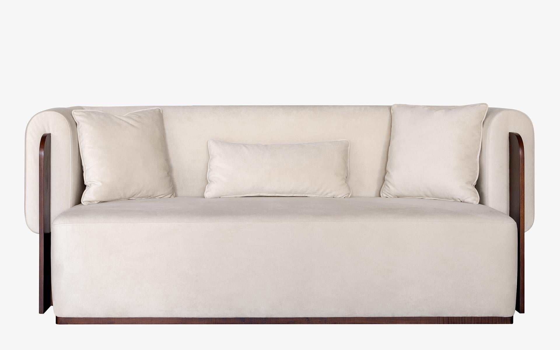 Turkish Baika Beige Velvet Three Seater Sofa with Wooden Detail For Sale