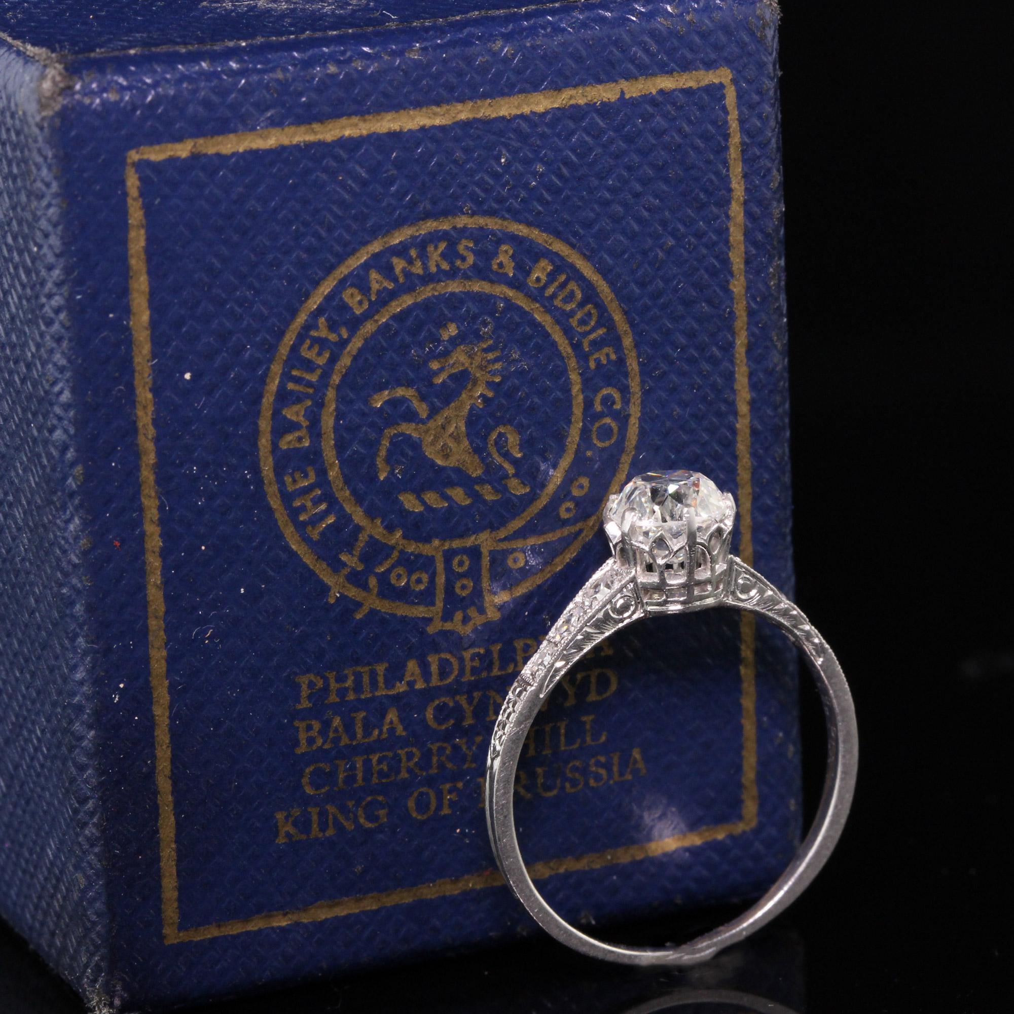 A gorgeous and pristine Bailey Bank and Biddle Art Deco Platinum Old Euro Diamond Engagement Ring. This beautiful ring features a beautifully cut diamond in the center of a pristine antique mounting.

#R0604

Metal: Platinum

Weight: 2.2