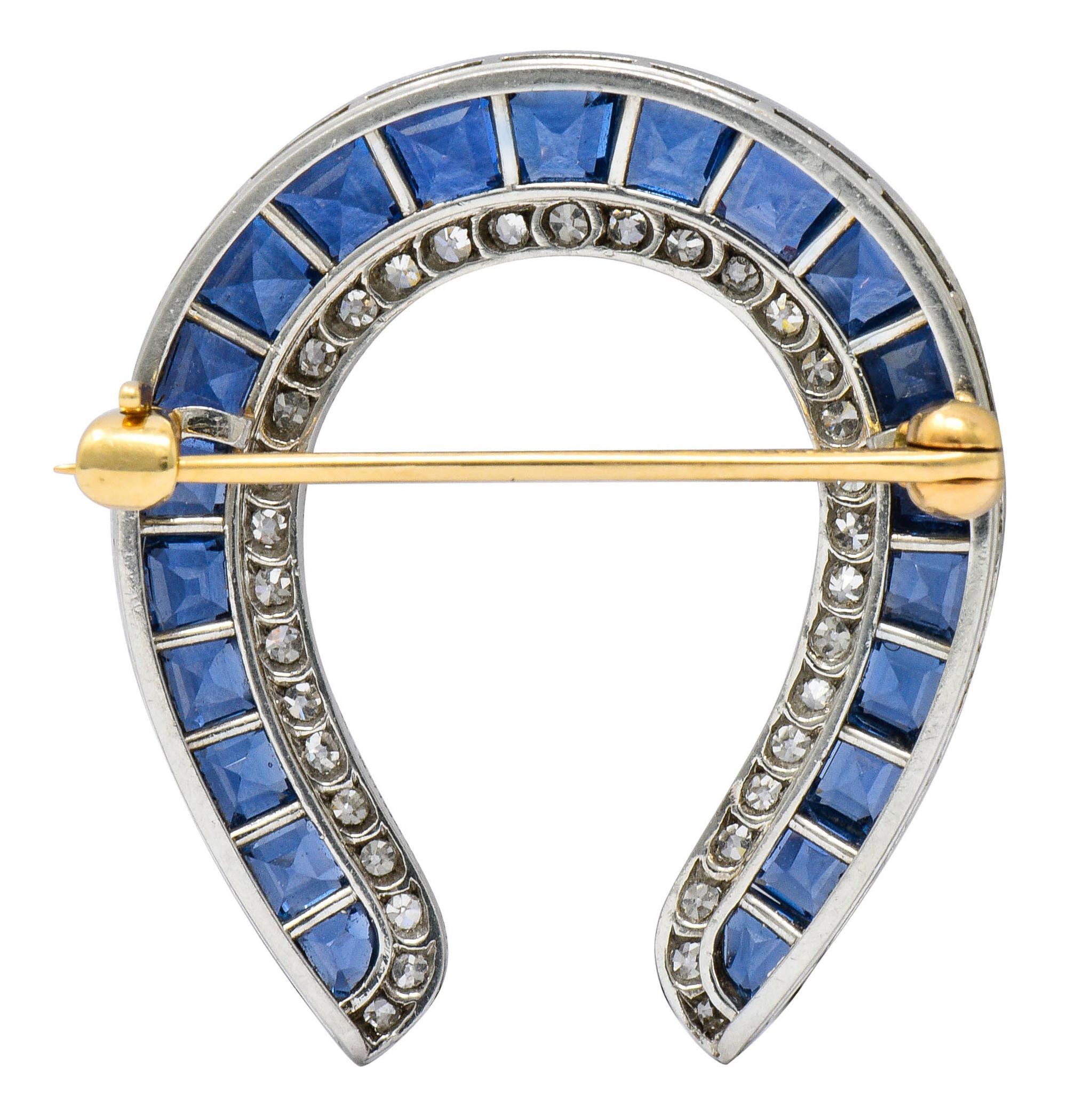 Bailey Bank & Biddles Edwardian Sapphire Diamond Platinum Horseshoe Brooch In Excellent Condition In Philadelphia, PA