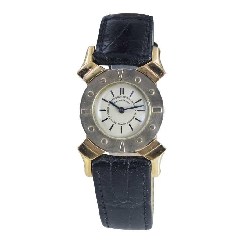 FACTORY / HOUSE: Bailey Banks and Biddle
STYLE / REFERENCE: Art Deco
METAL / MATERIAL: 14Kt Yellow and White Gold 
DIMENSIONS: Length 40mm X Diameter 27mm
CIRCA: 1930's
MOVEMENT / CALIBER: Manual Winding / 17 Jewels / Cal. AS 970
DIAL / HANDS: