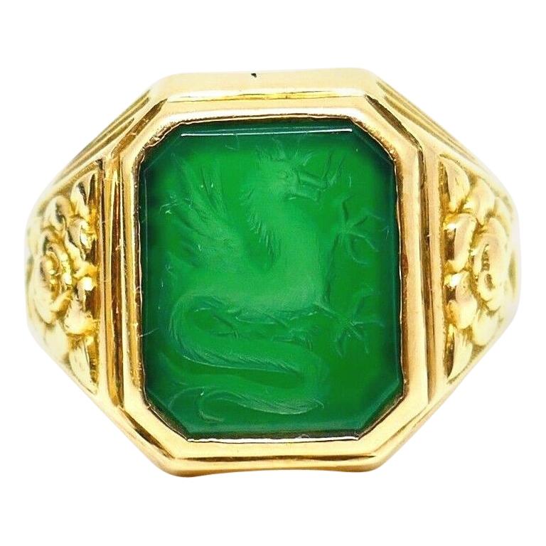 Bailey Banks and Biddle Carved Chrysoprase Yellow Gold Antique Ring