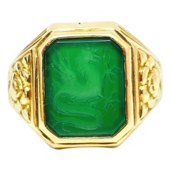 Bailey Banks and Biddle Carved Chrysoprase Yellow Gold Antique Ring