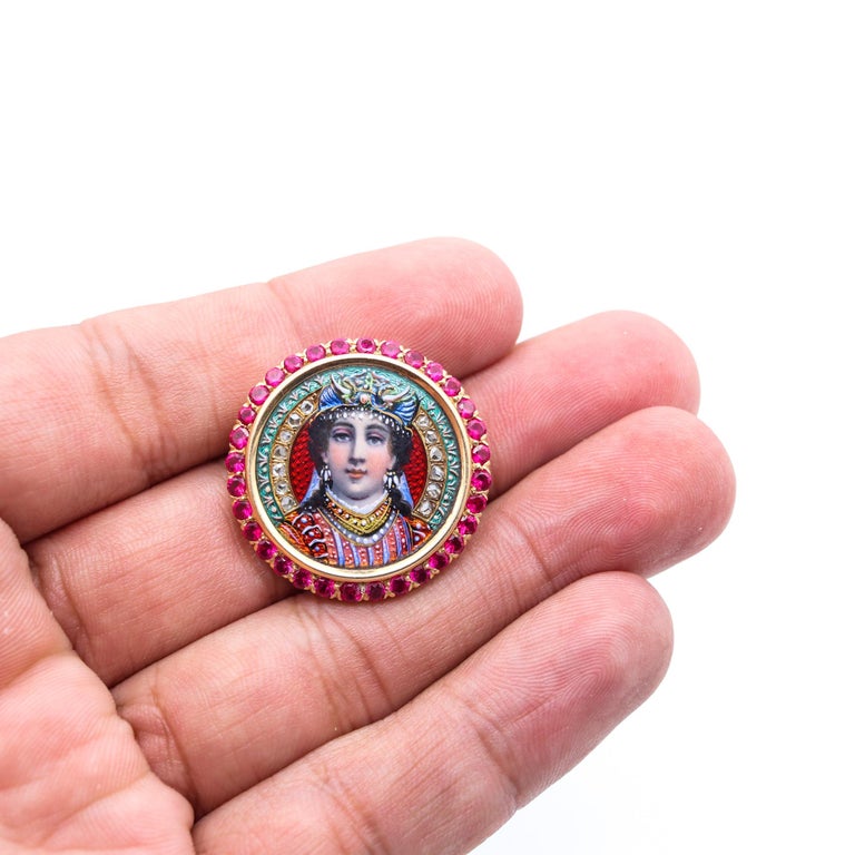 Bailey, Banks & Biddle 1880 Enamel Etruscan Queen Pendant 18kt Gold Ruby Diamond In Excellent Condition For Sale In Miami, FL