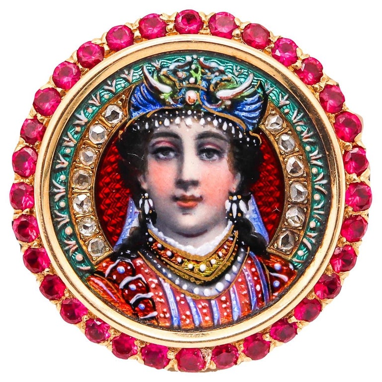 Bailey, Banks & Biddle 1880 Enamel Etruscan Queen Pendant 18kt Gold Ruby Diamond For Sale
