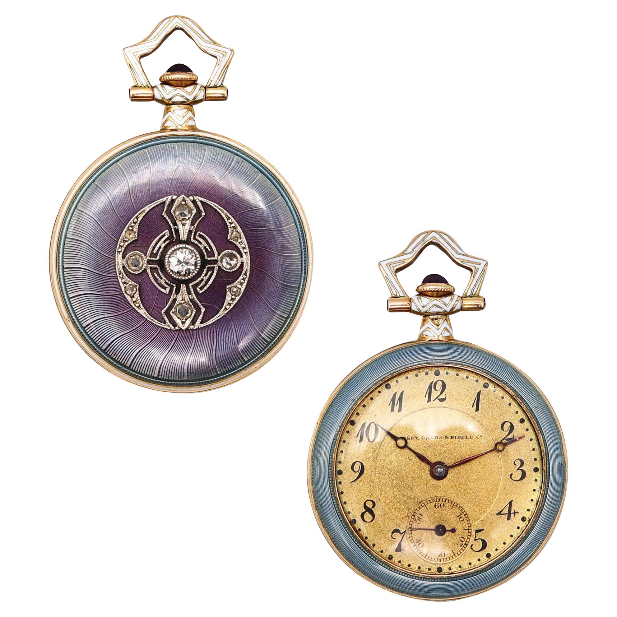 Bailey Banks & Biddle 1910 Edwardian Enamel Watch In 14Kt Gold With Diamonds For Sale