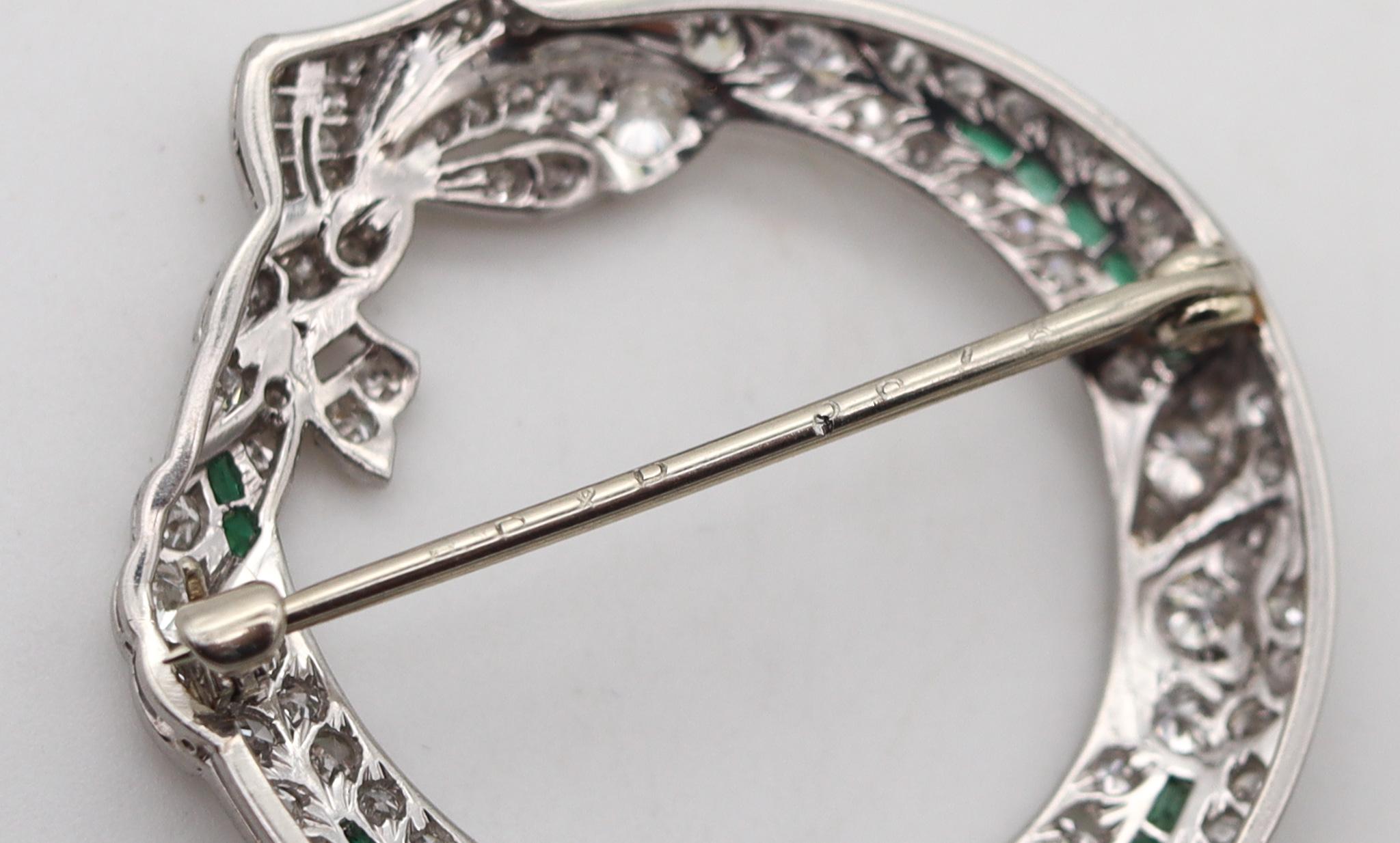 Bailey Banks & Biddle 1925 Art Deco Brooch Platinum 4.74 Cwt. Diamonds & Emerald For Sale 1