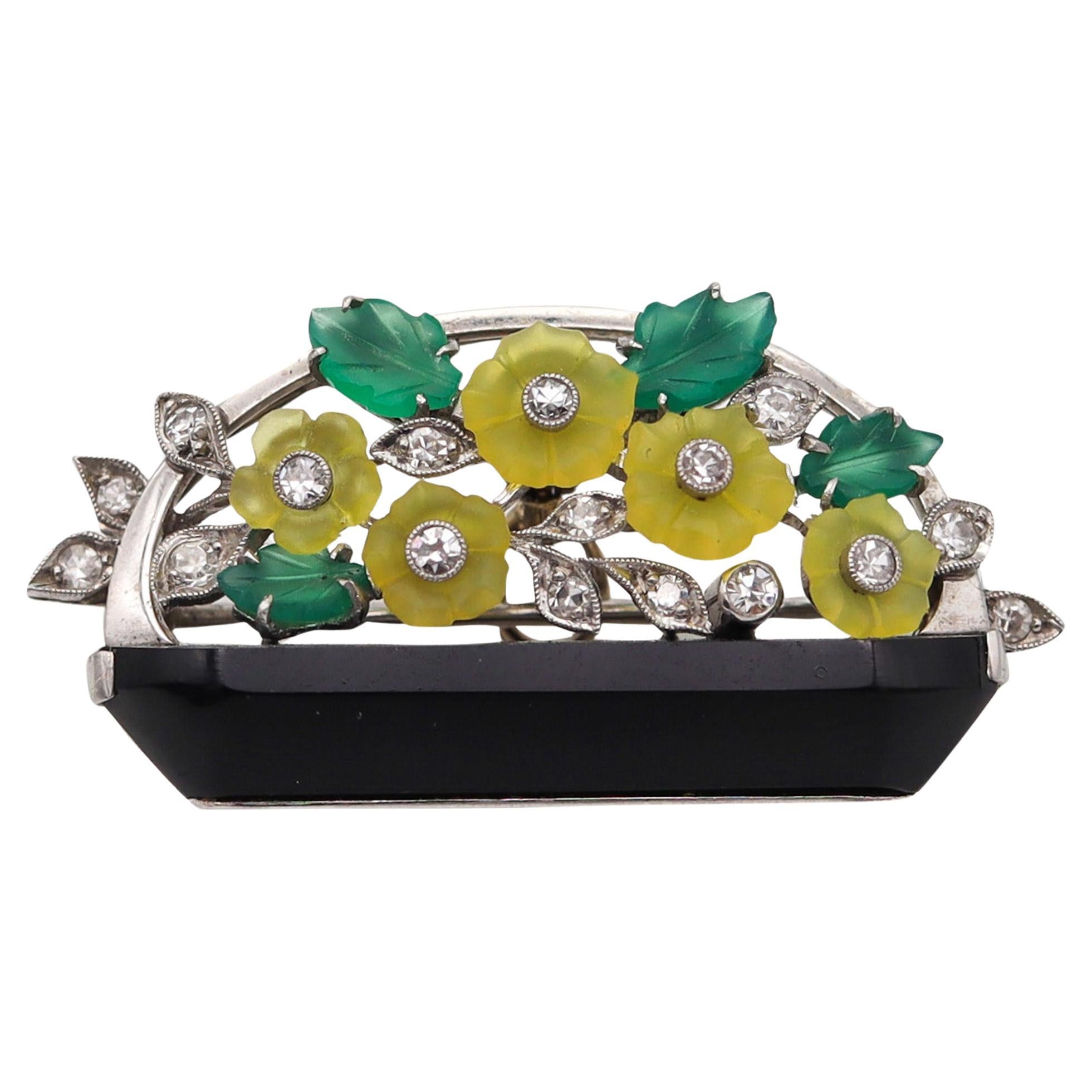 BAILEY BANKS & BIDDLE 1925 Art Deco Jardinière Brooch Platinum Diamonds & Onyx For Sale