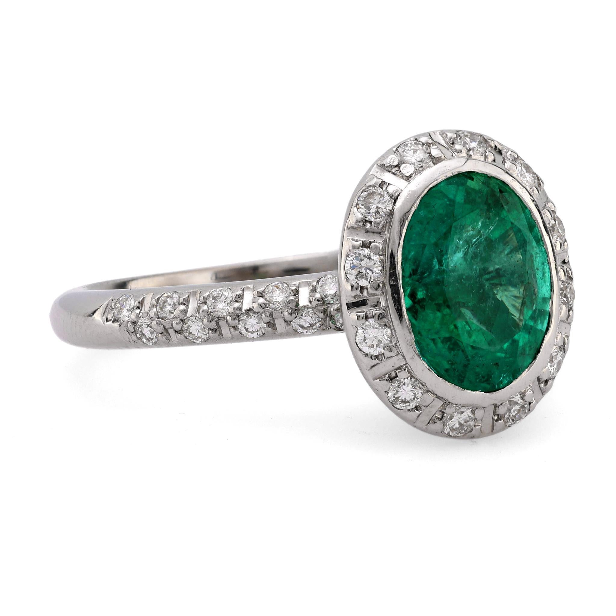Modern Bailey Banks & Biddle 2.05 carat emerald diamond 18k white gold cluster ring