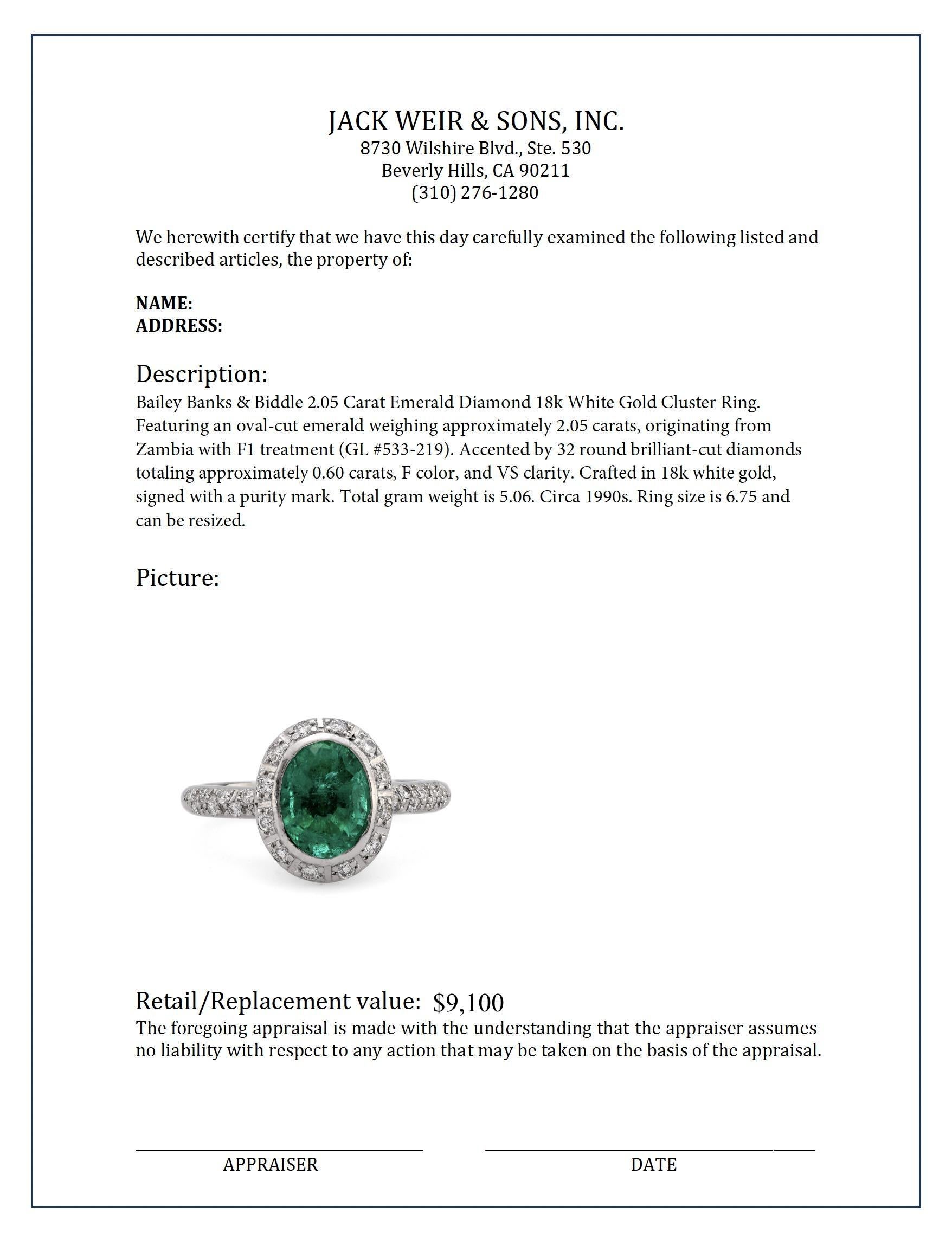 Bailey Banks & Biddle 2.05 carat emerald diamond 18k white gold cluster ring In Excellent Condition In Beverly Hills, CA