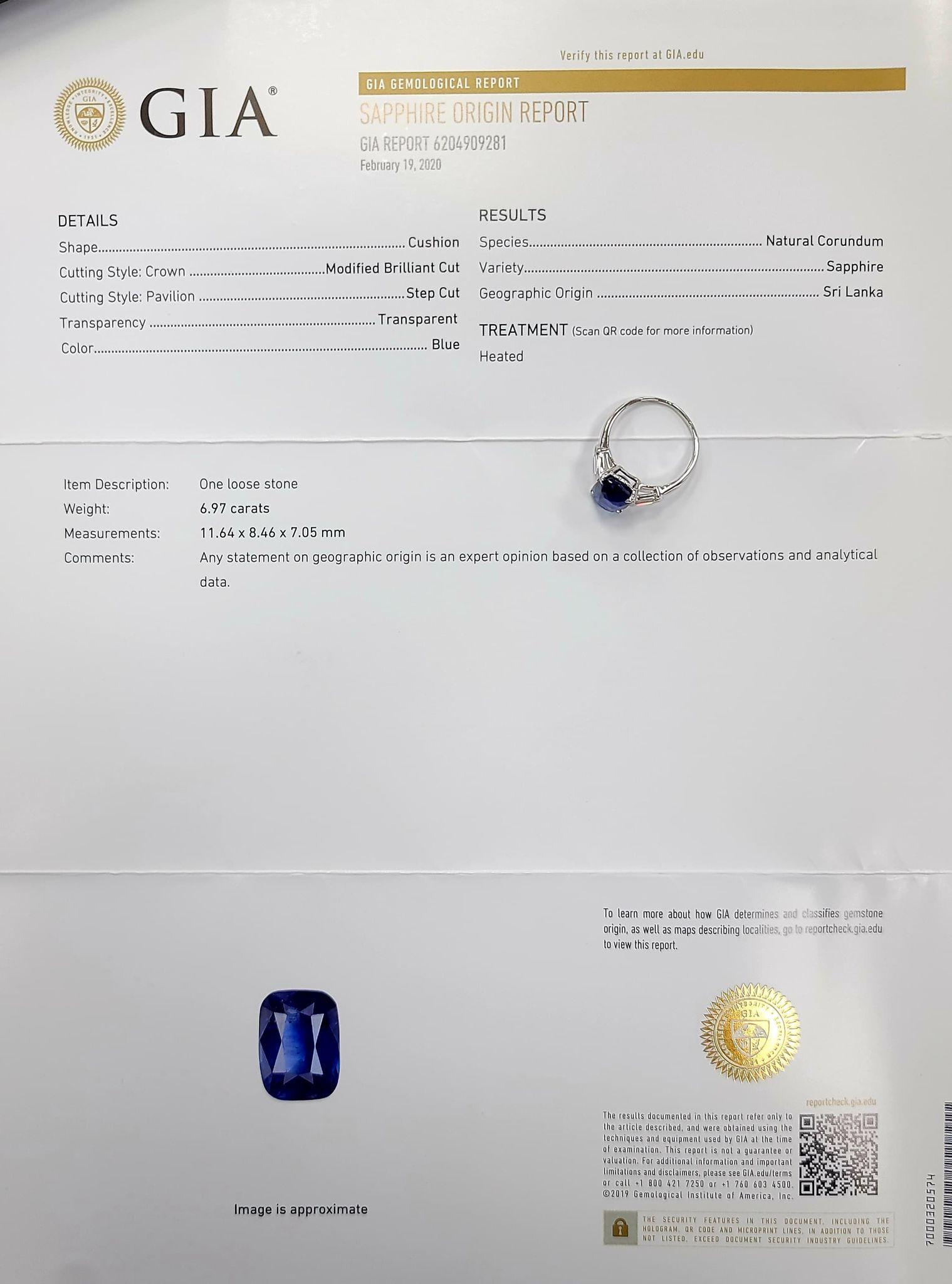 Bailey Banks & Biddle Anillo de diamantes con zafiro en cojín de 6,97 quilates de Sri Lanka GIA Art Decó en venta