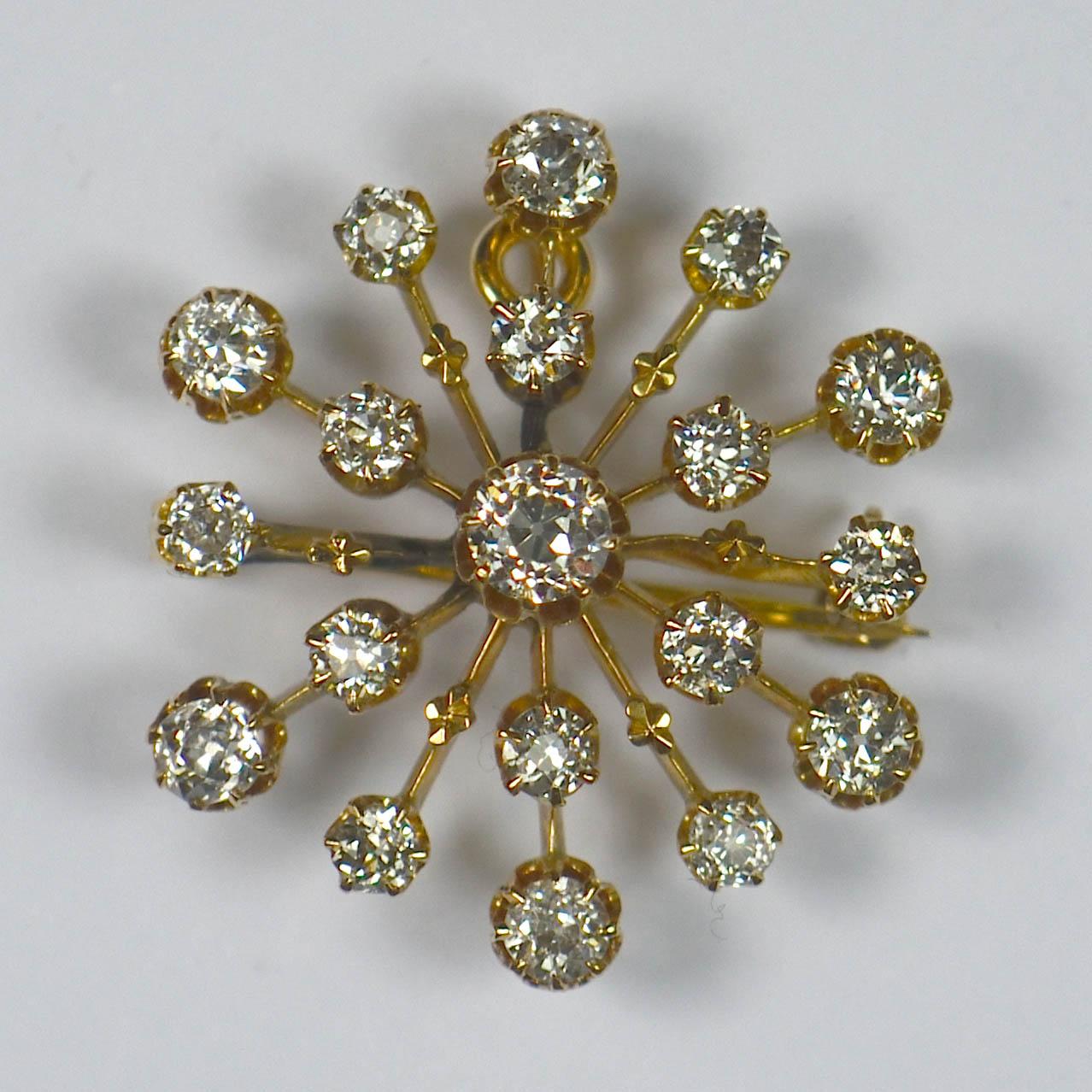 A simple but stylish 18 karat gold pendant lavishly sprinkled with diamonds in a snowflake design by the American firm Bailey, Banks & Biddle, circa 1890.  May also be worn as a brooch.

Set with 19 old cut diamonds with a total estimated weight of