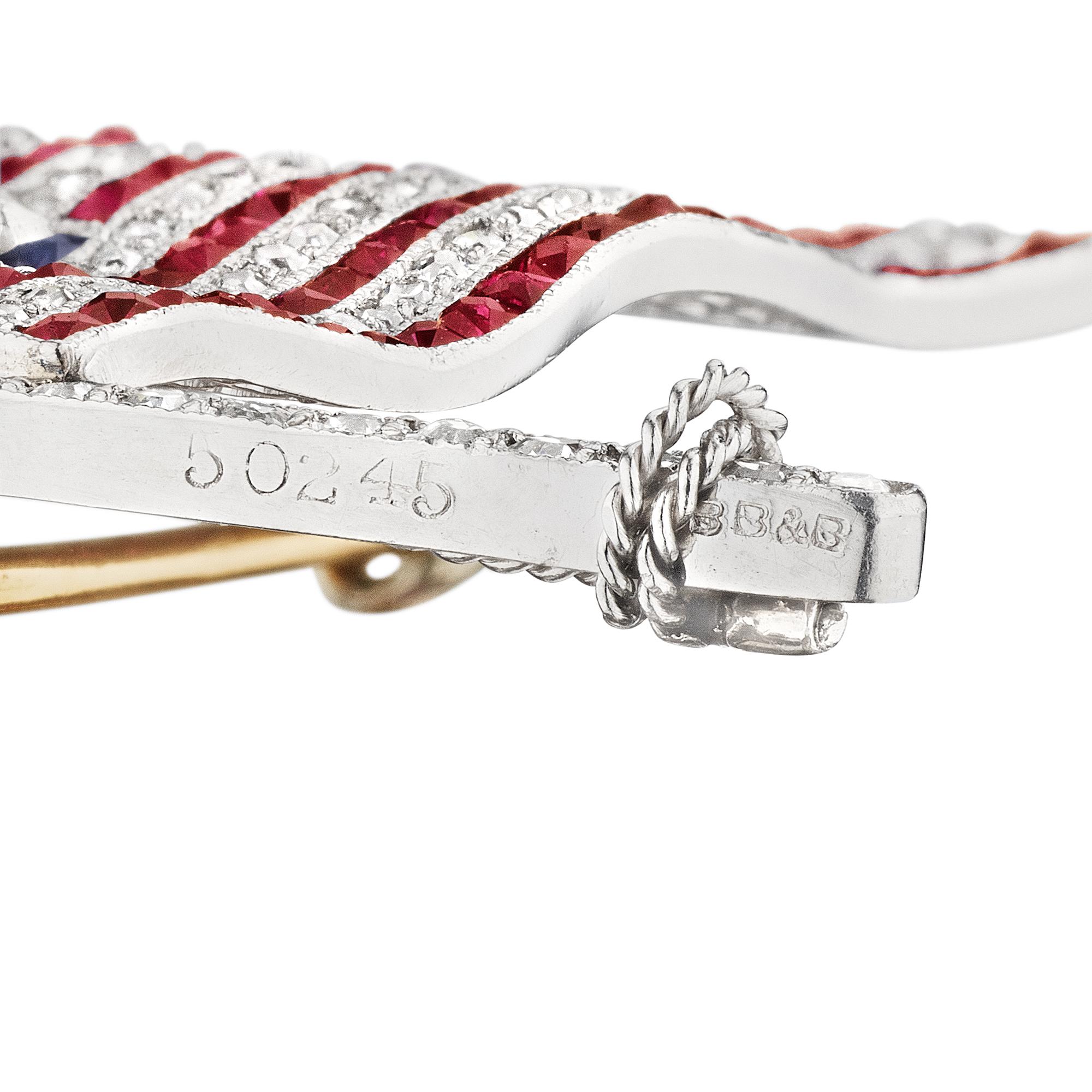 Round Cut Bailey Banks Biddle Diamond Ruby Sapphire Pearl Platinum American Flag Brooch For Sale