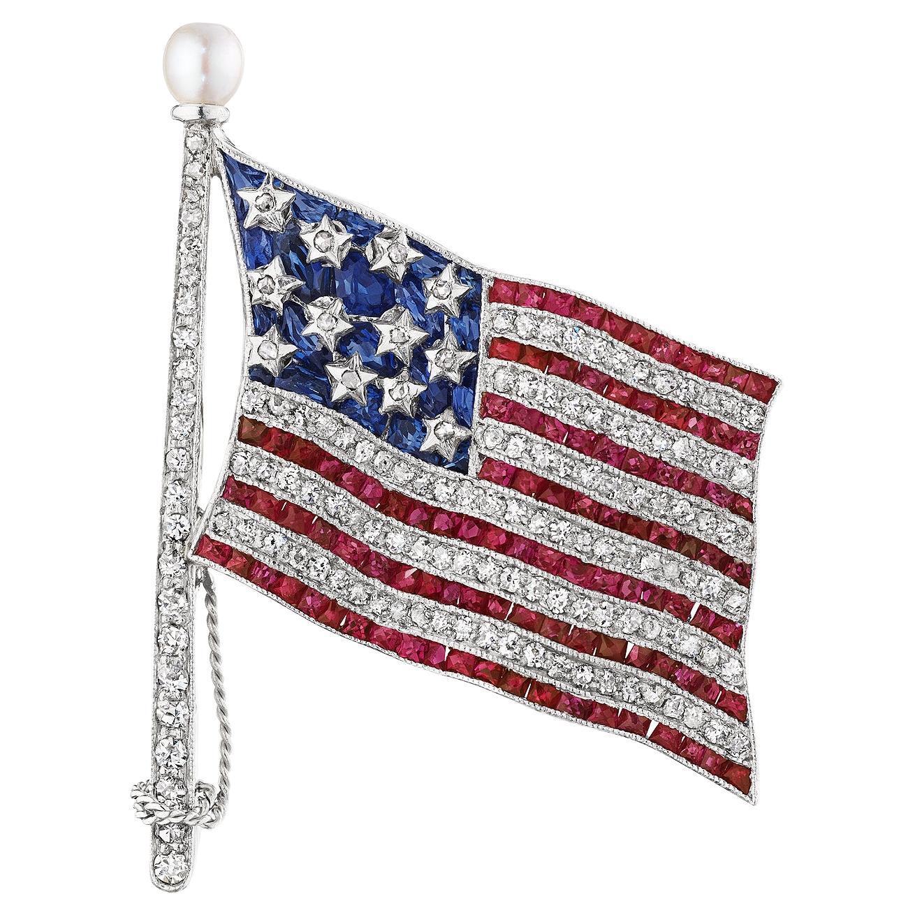 Bailey Banks Biddle Diamond Ruby Sapphire Pearl Platinum American Flag Brooch For Sale