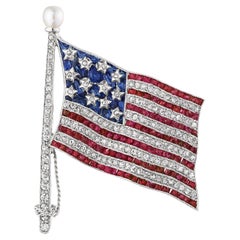 Vintage Bailey Banks Biddle Diamond Ruby Sapphire Pearl Platinum American Flag Brooch