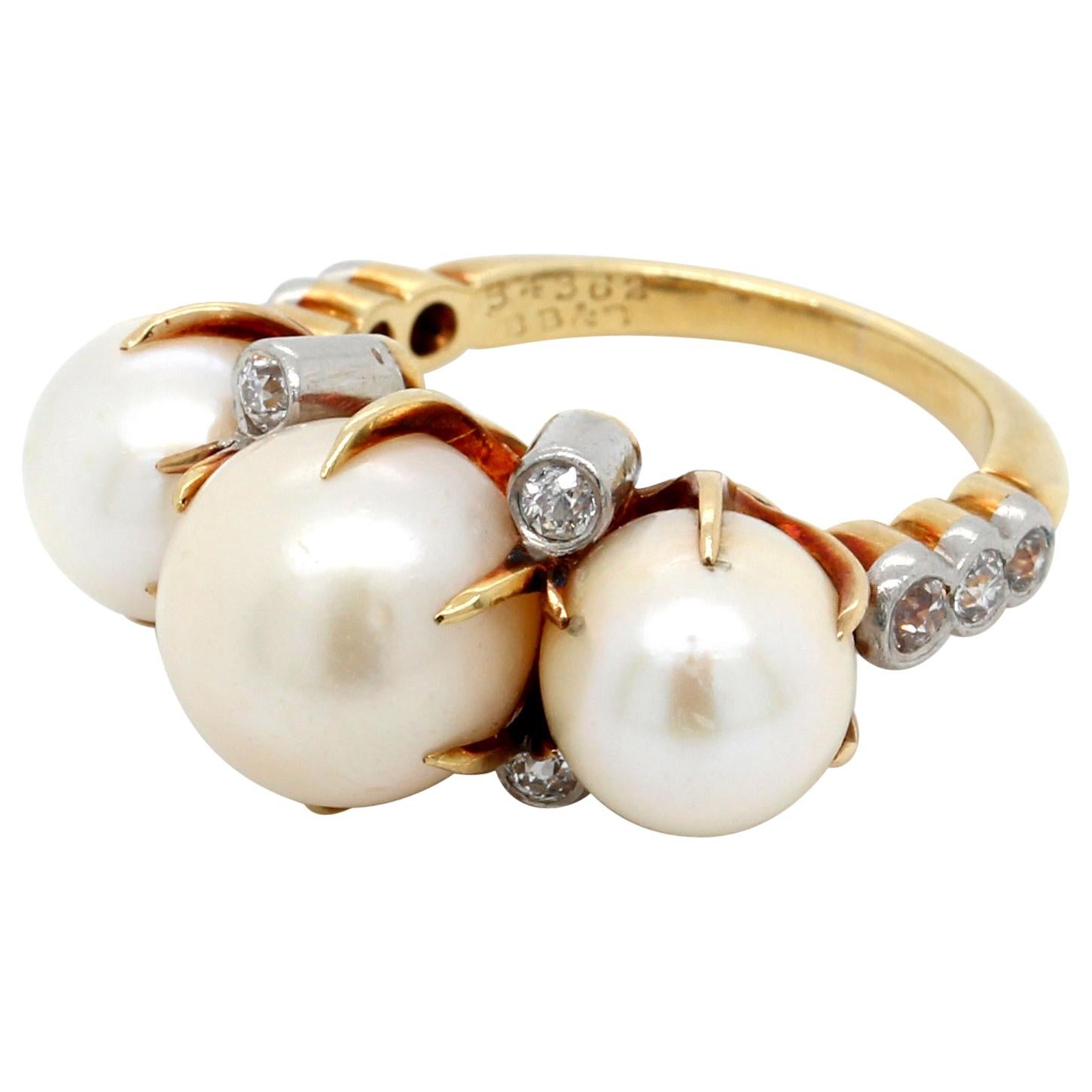 Bailey, Banks & Biddle Edwardian Natural Freshwater Pearl and Diamond Ring GIA For Sale
