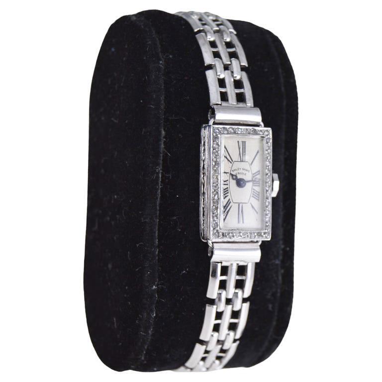 FACTORY / HOUSE: Bailey, Banks & Biddle
STYLE / REFERENCE: Art Deco Dress Watch
METAL / MATERIAL: 18Kt. White Gold with Gold Filled Matching Bracelet
CIRCA / YEAR: 1930's
DIMENSIONS / SIZE: 24 Length X 12mm Width
MOVEMENT / CALIBER:  Manual Winding
