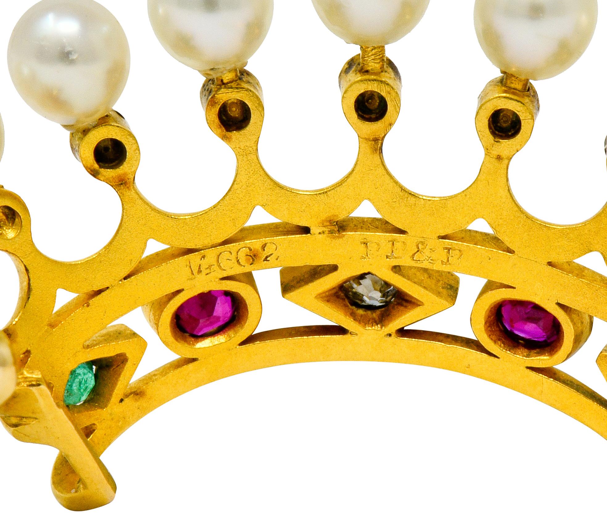 Round Cut Bailey Banks & Biddle Ruby Emerald Pearl Diamond 18 Karat Gold Crown Brooch