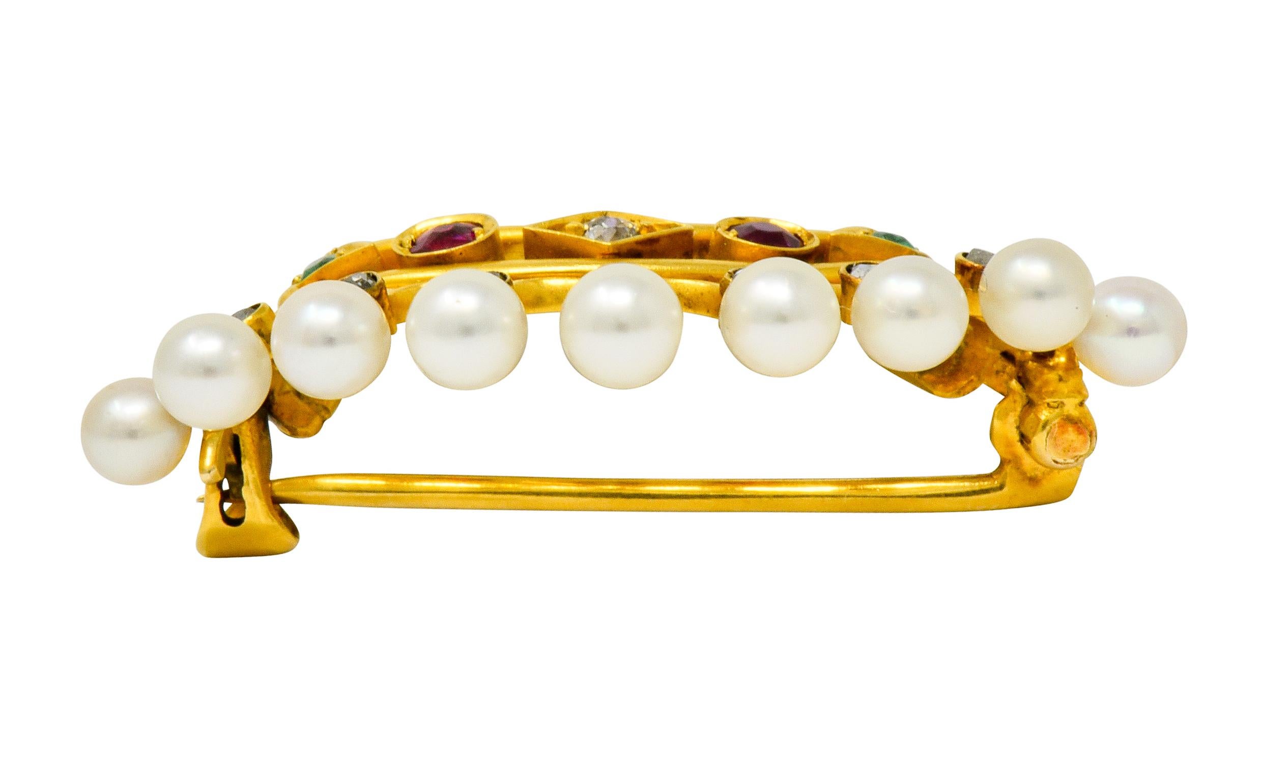 Women's or Men's Bailey Banks & Biddle Ruby Emerald Pearl Diamond 18 Karat Gold Crown Brooch