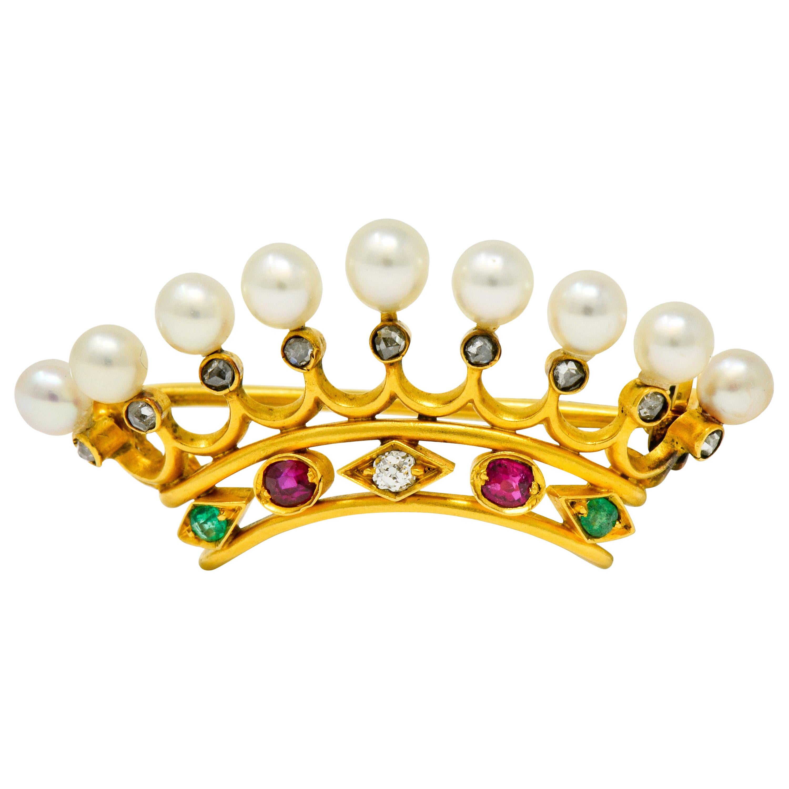 Bailey Banks & Biddle Ruby Emerald Pearl Diamond 18 Karat Gold Crown Brooch