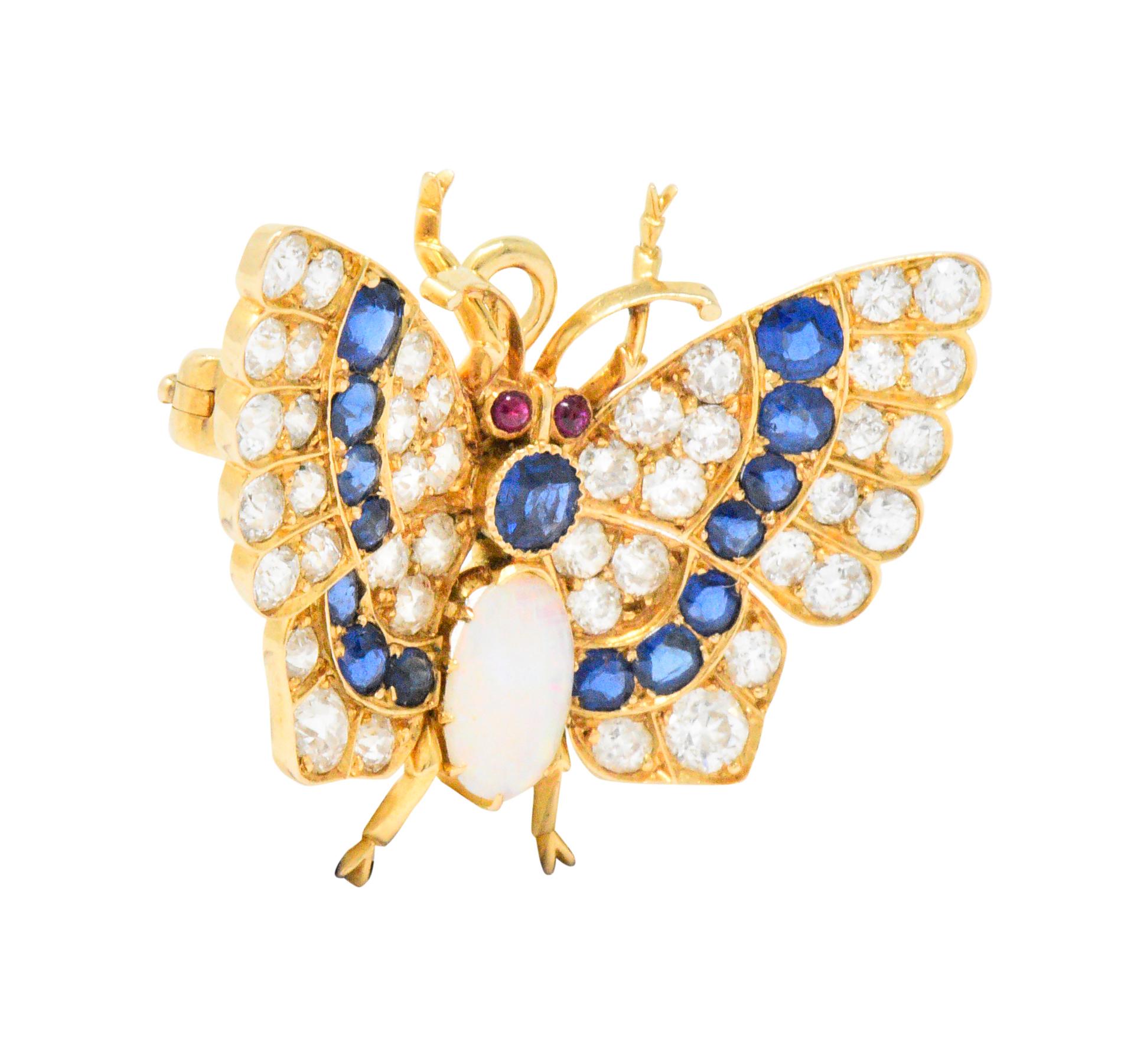 Bailey Banks & Biddle Victorian 3.50 Sapphire Opal Gold Butterfly Pendant Brooch In Excellent Condition In Philadelphia, PA